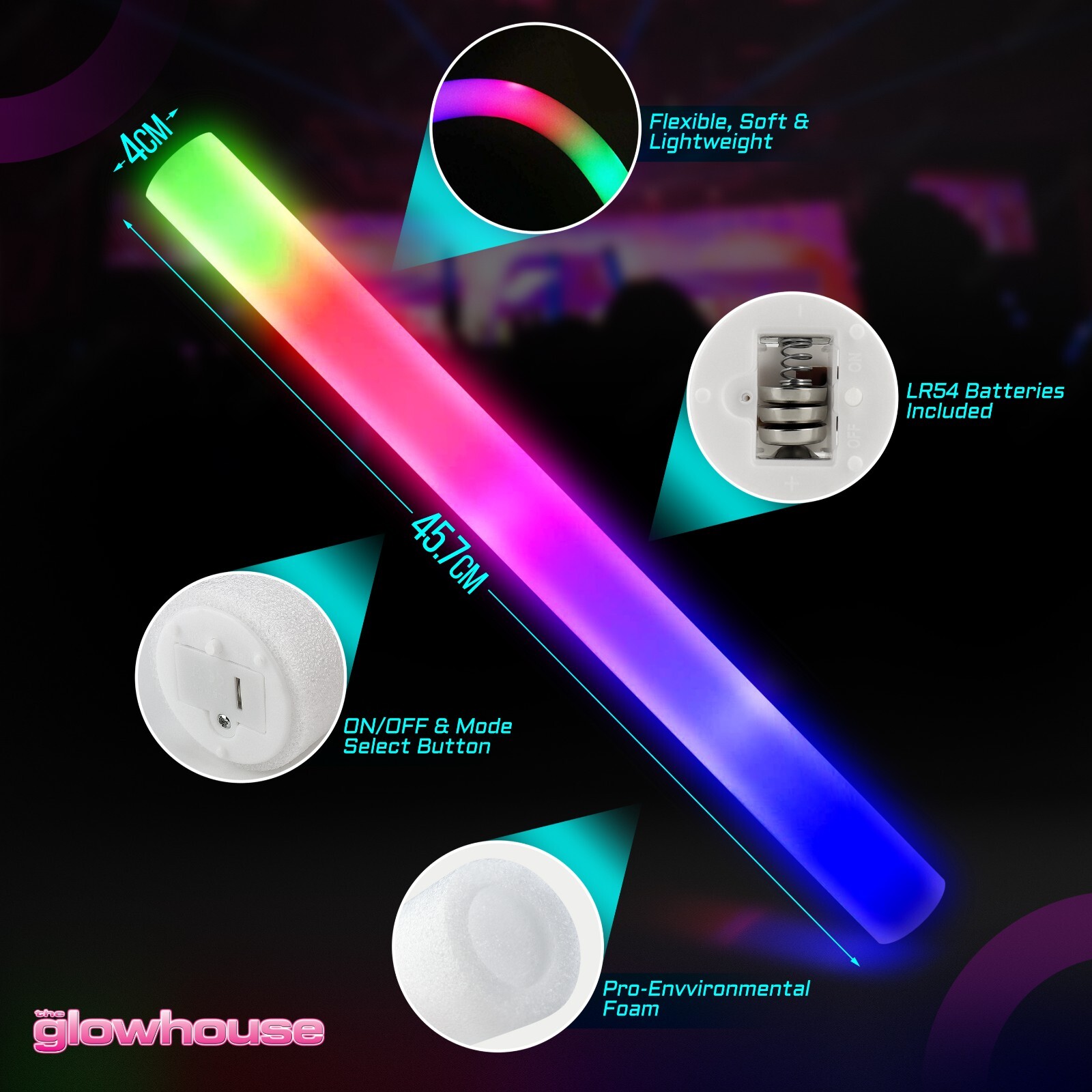 The Glowhouse Light Up Premium LED Foam Glow Stick High Quality Multi Colour