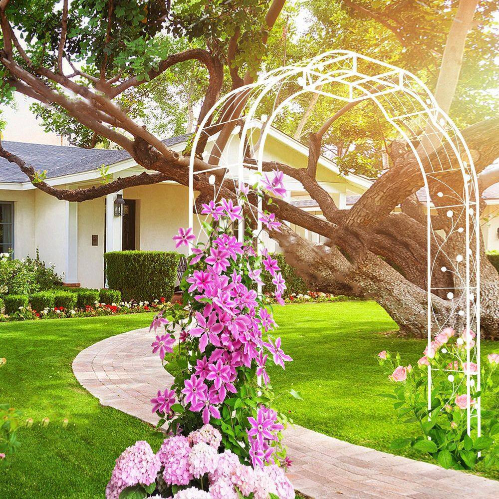 98.5 In. X 74.4 In. Cream White Metal Garden Arch-Outdoor Arbor Trellis for Clim