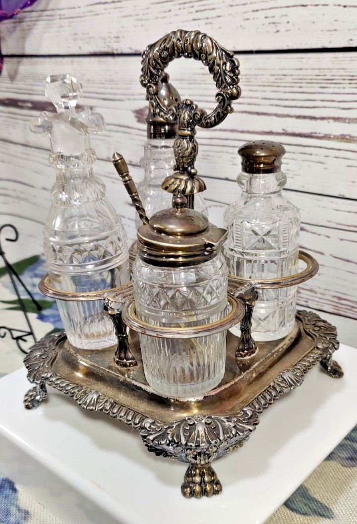 Antique Victorian Era Sliver Plated Four Cut Crystal Bottles Cruet Set