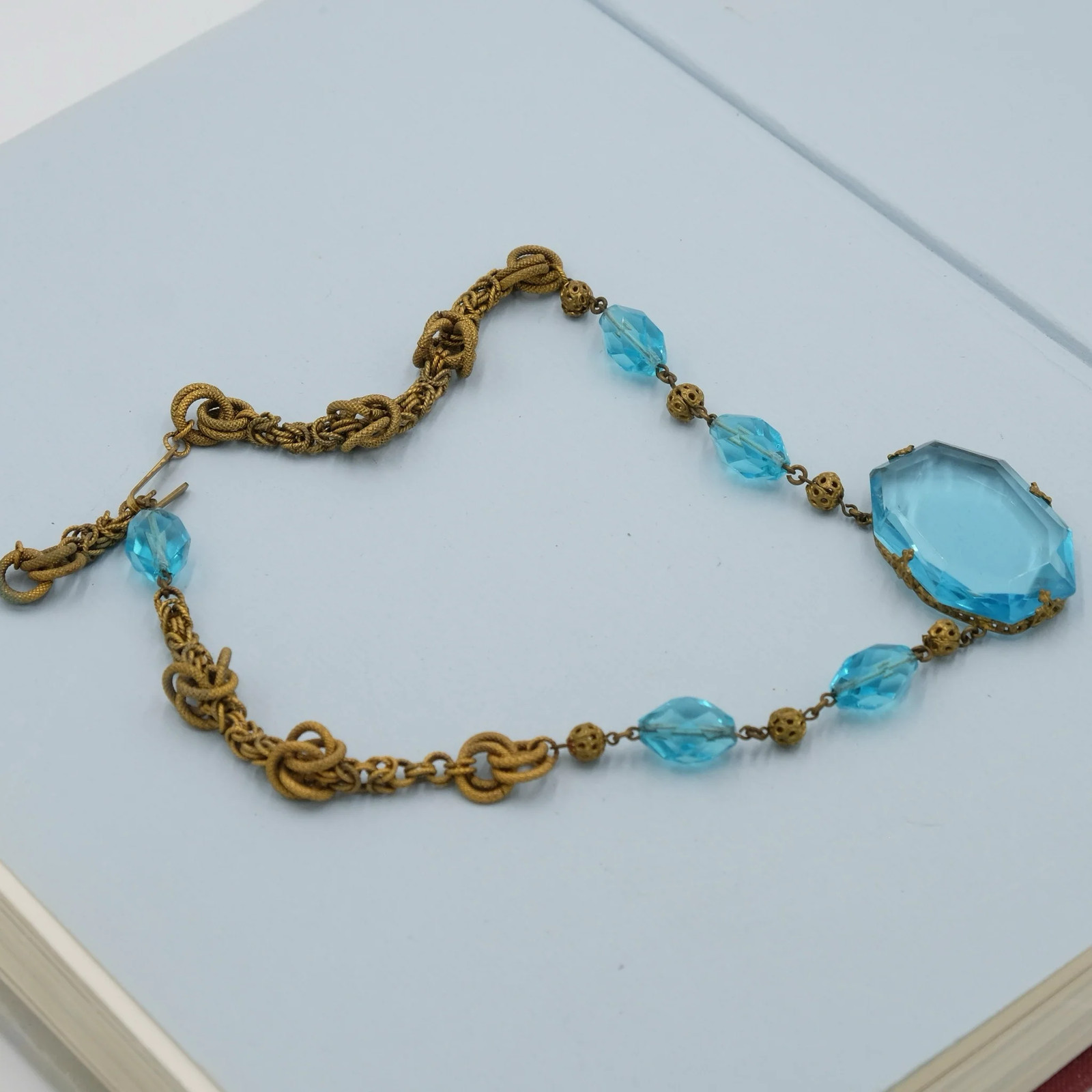 Antique Blue Czech Large Glass Pendant Necklace 1920s