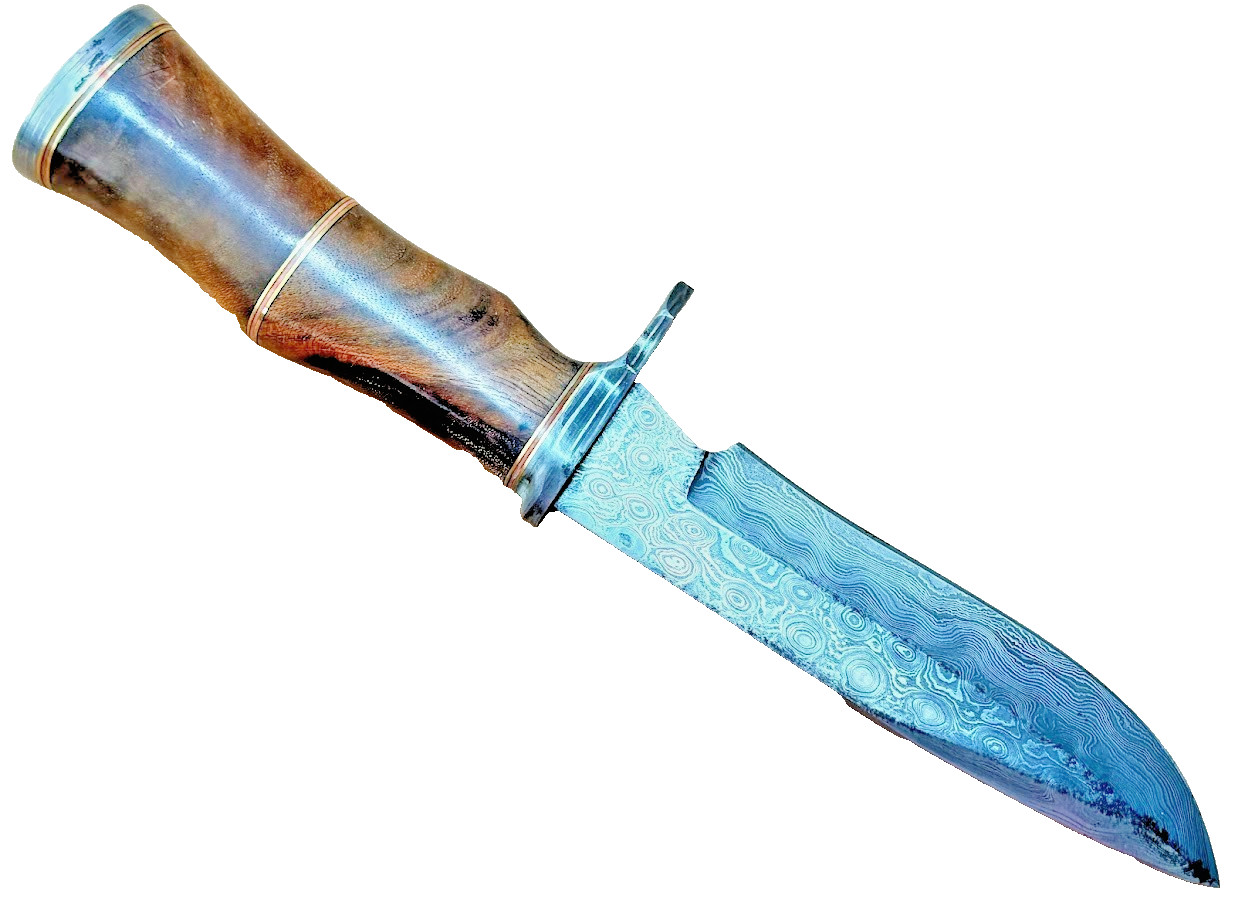 Damascus Blade 11" Bowie Knife with Leather Sheath Wood Handle Knives