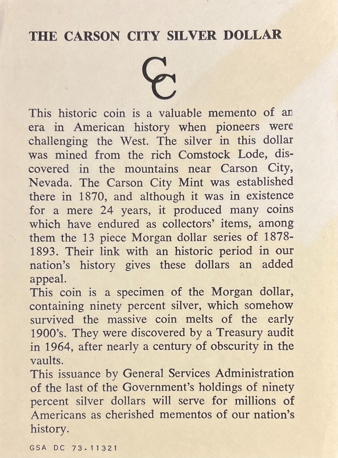 1878-1891 Carson City Silver Dollars GSA COA Certificate