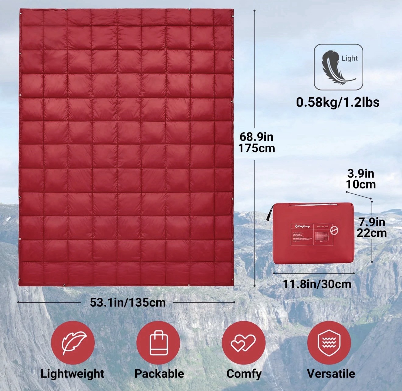 KingCamp Smart 600 Camping Blanket Ultralight Packable Down Alternative Red