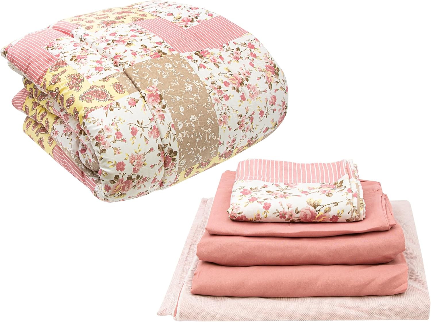 Gold Coast 8 Pc Bed in a Bag Elm Pink and Yellow Floral Comforter Set, Full