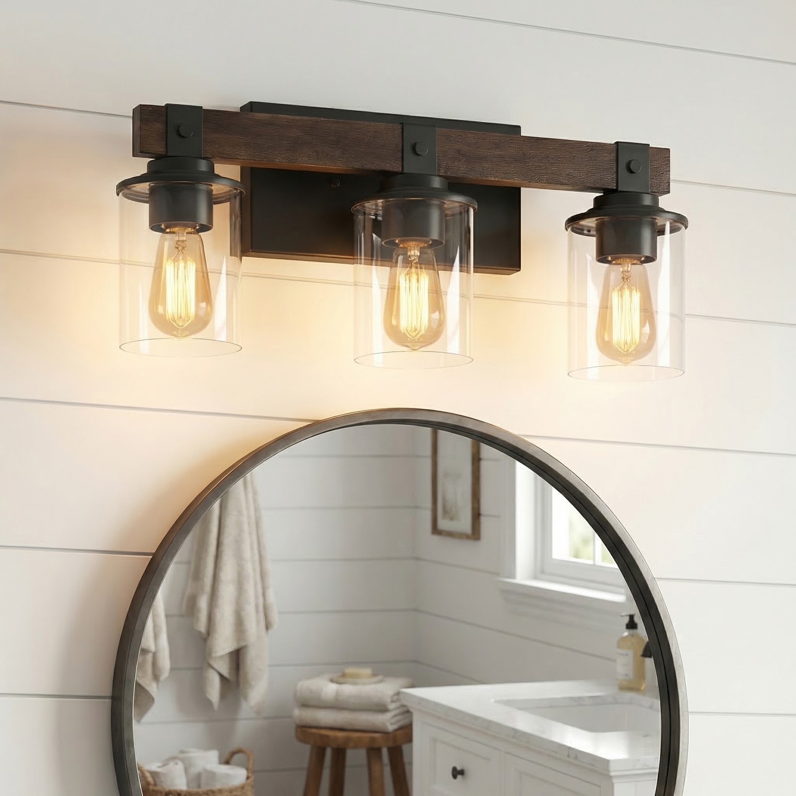19" Vintage Vanity Light Bathroom Mirror Wall Lamp 3 Lights Rustic Wood Fixture