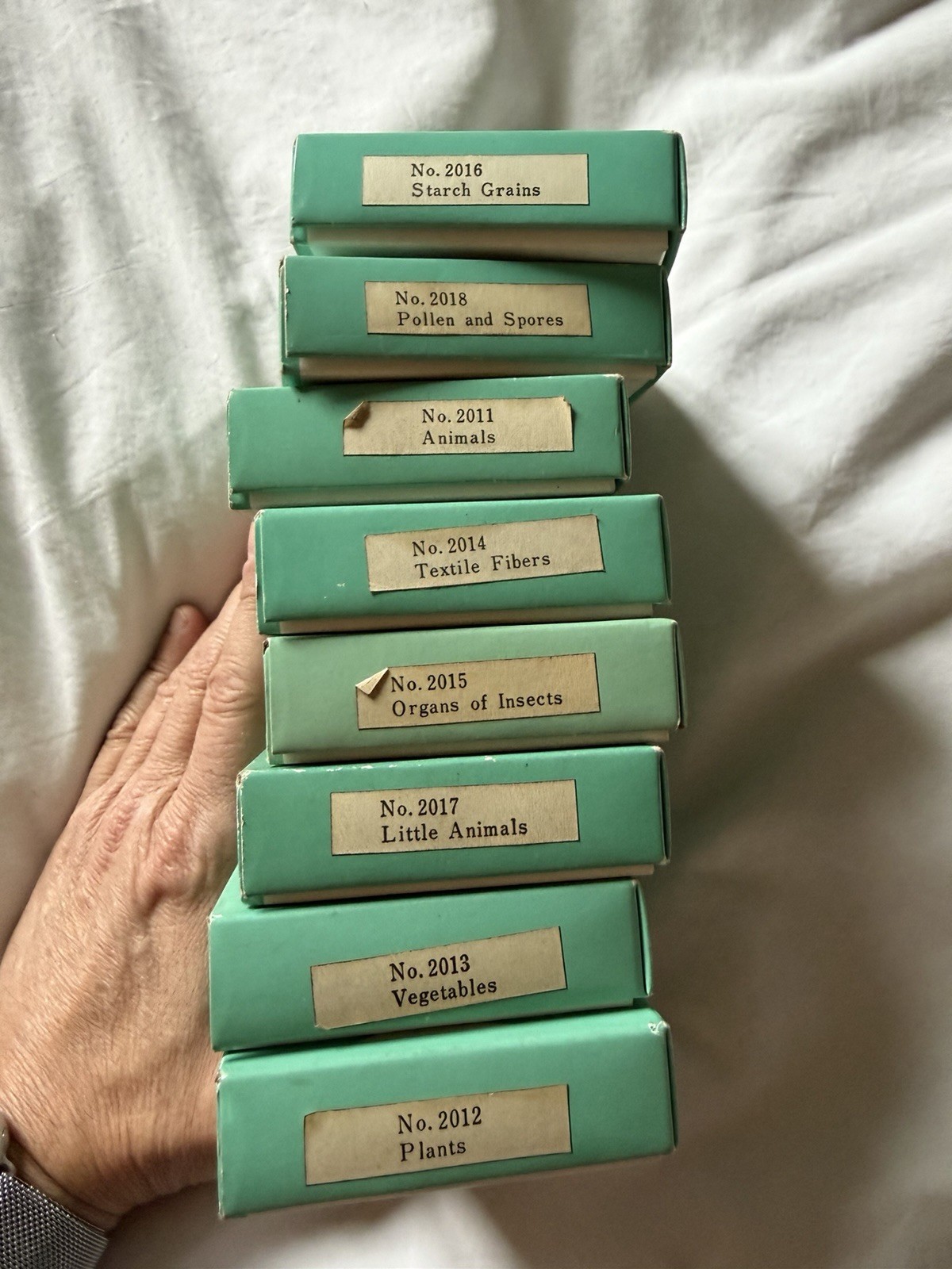 8 Vintage Microscope Slide Boxes. Prepared slides