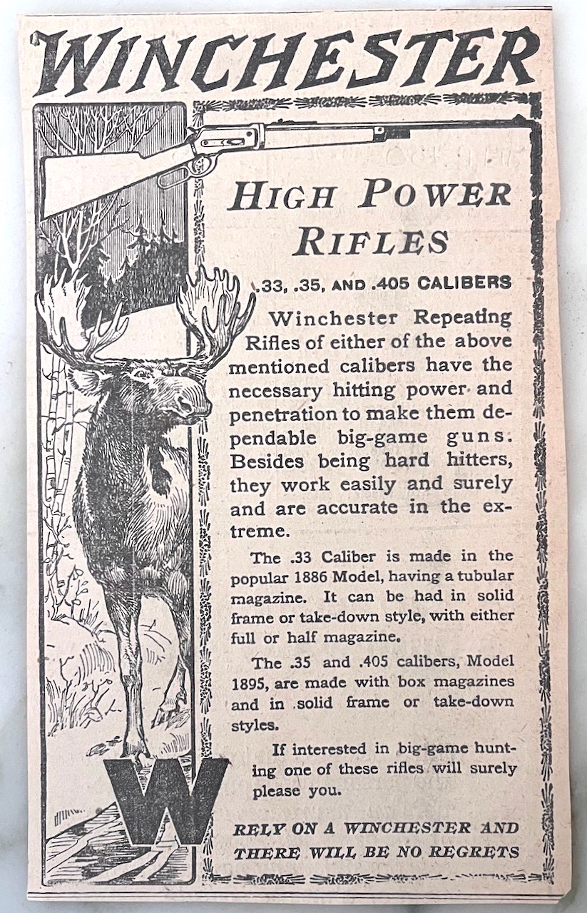 1915 newspaper ad for Winchester High Power Rifles - .33, .35, .405, Moose
