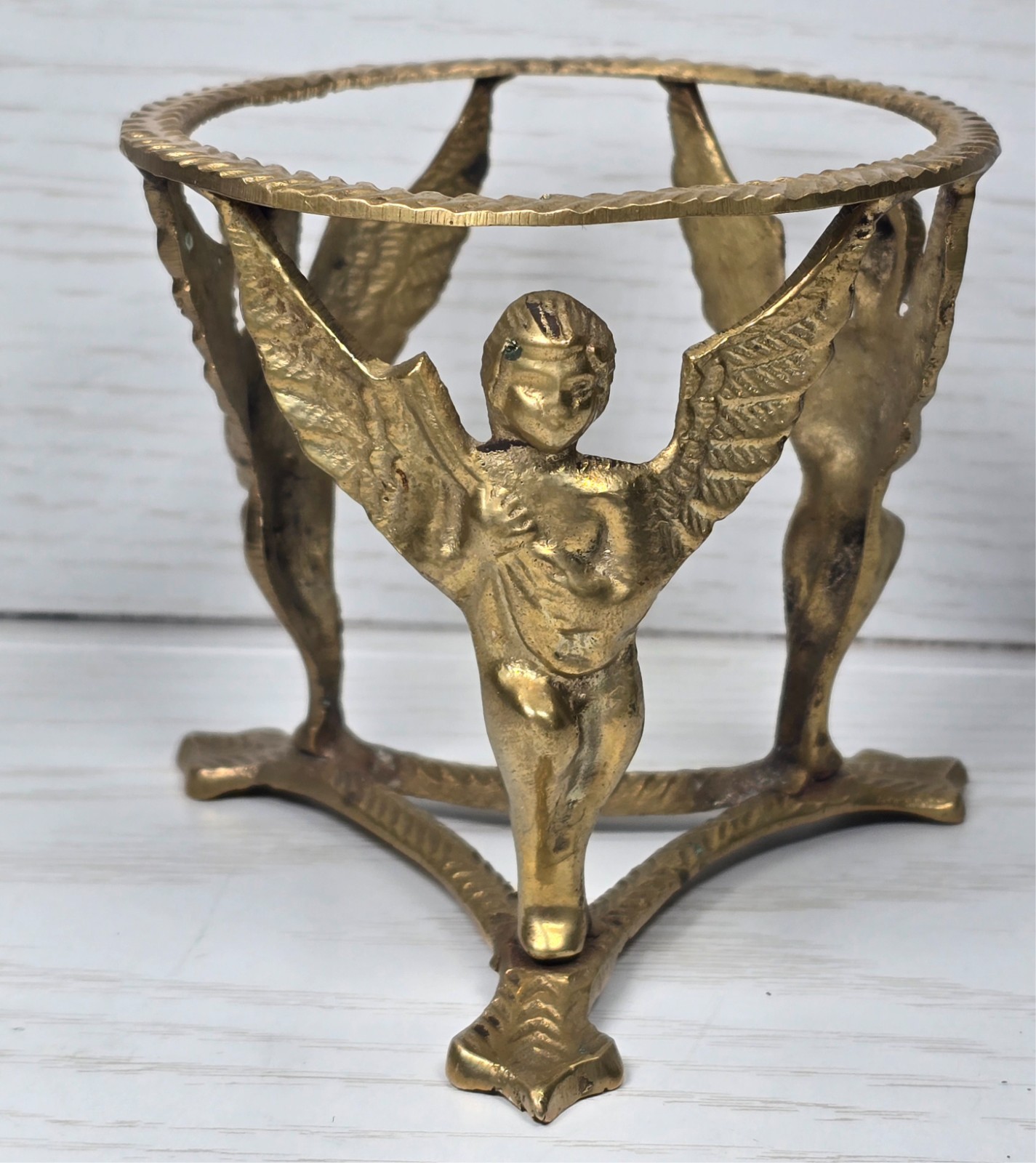 VTG Brass Cherub Angel Plant Stand Vase Holder Figural Putti Art Deco Table Base