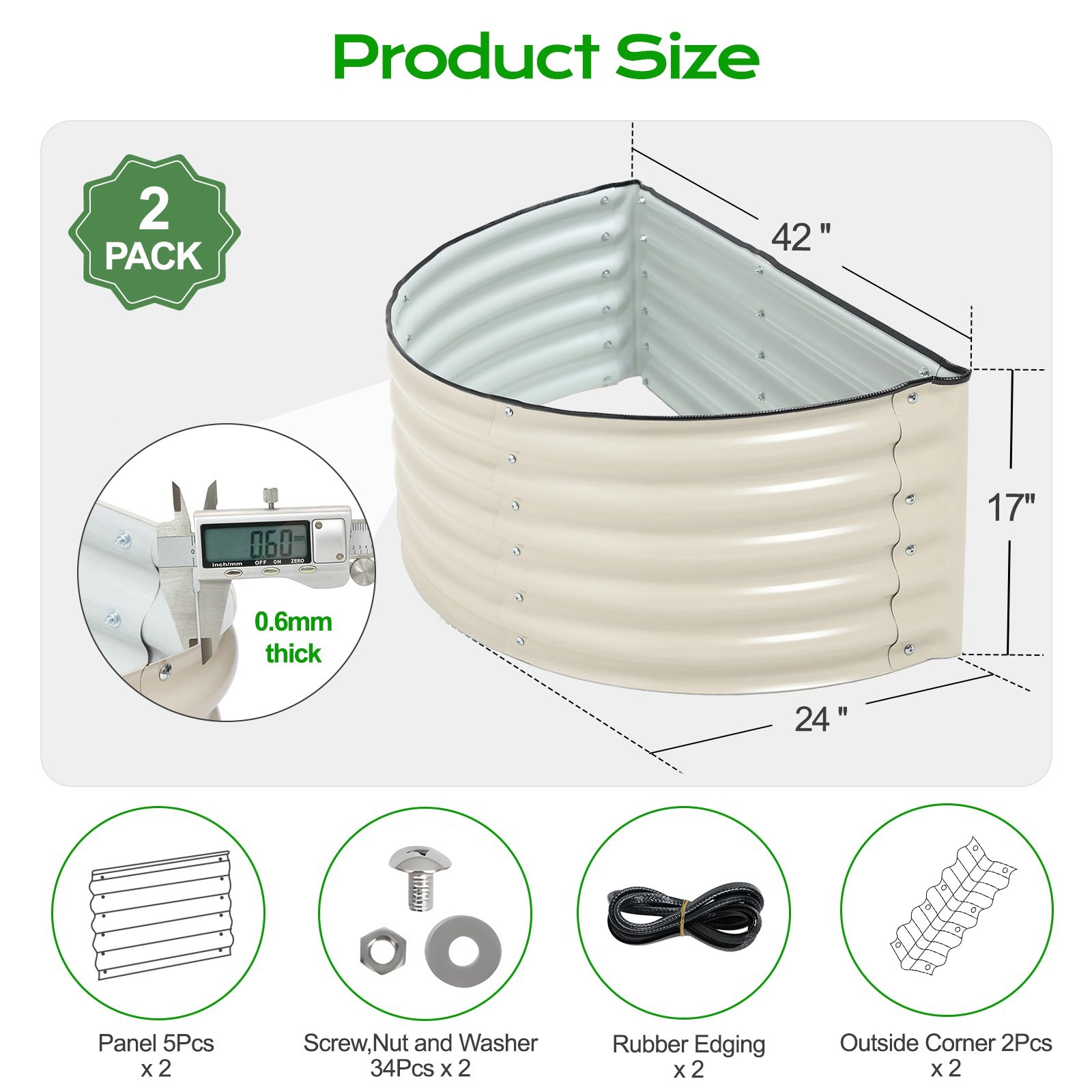 Aoodor 42" L x 24" W x 17" H Half Moon Galvanized Raised Garden Bed Set of 2