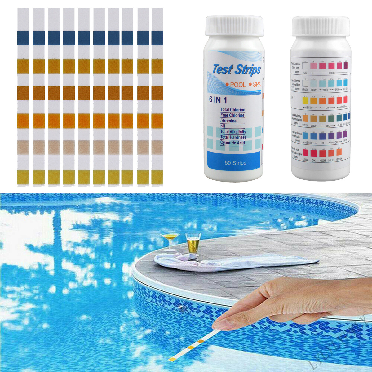 200PCS 6IN1 Chlorine Dip Test Strips Hot Tub SPA Swimming Pool PH Tester Paper