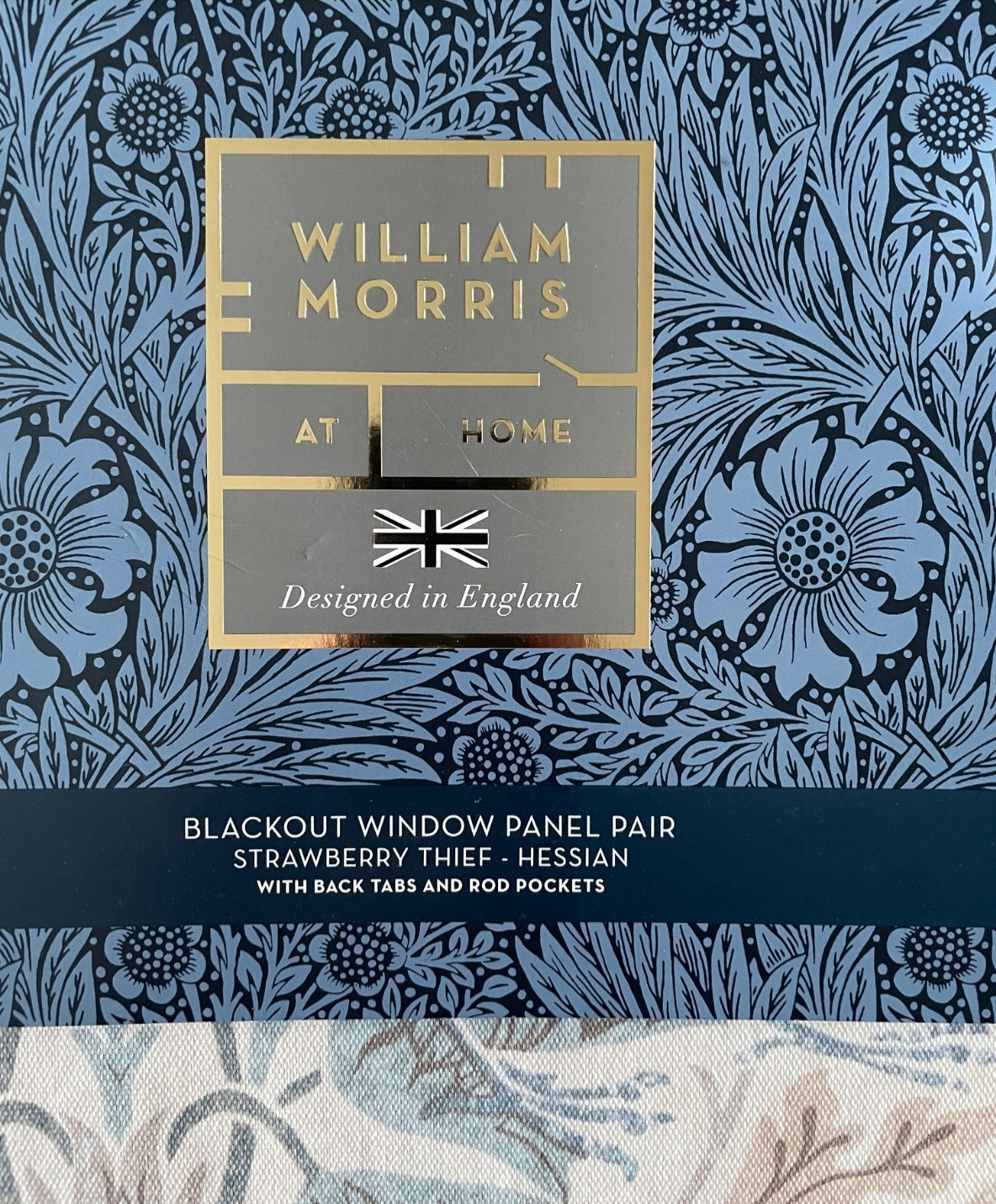 NEW William Morris 2pc BLACKOUT Strawberry Thief Hessian Window Curtain 50"x96"