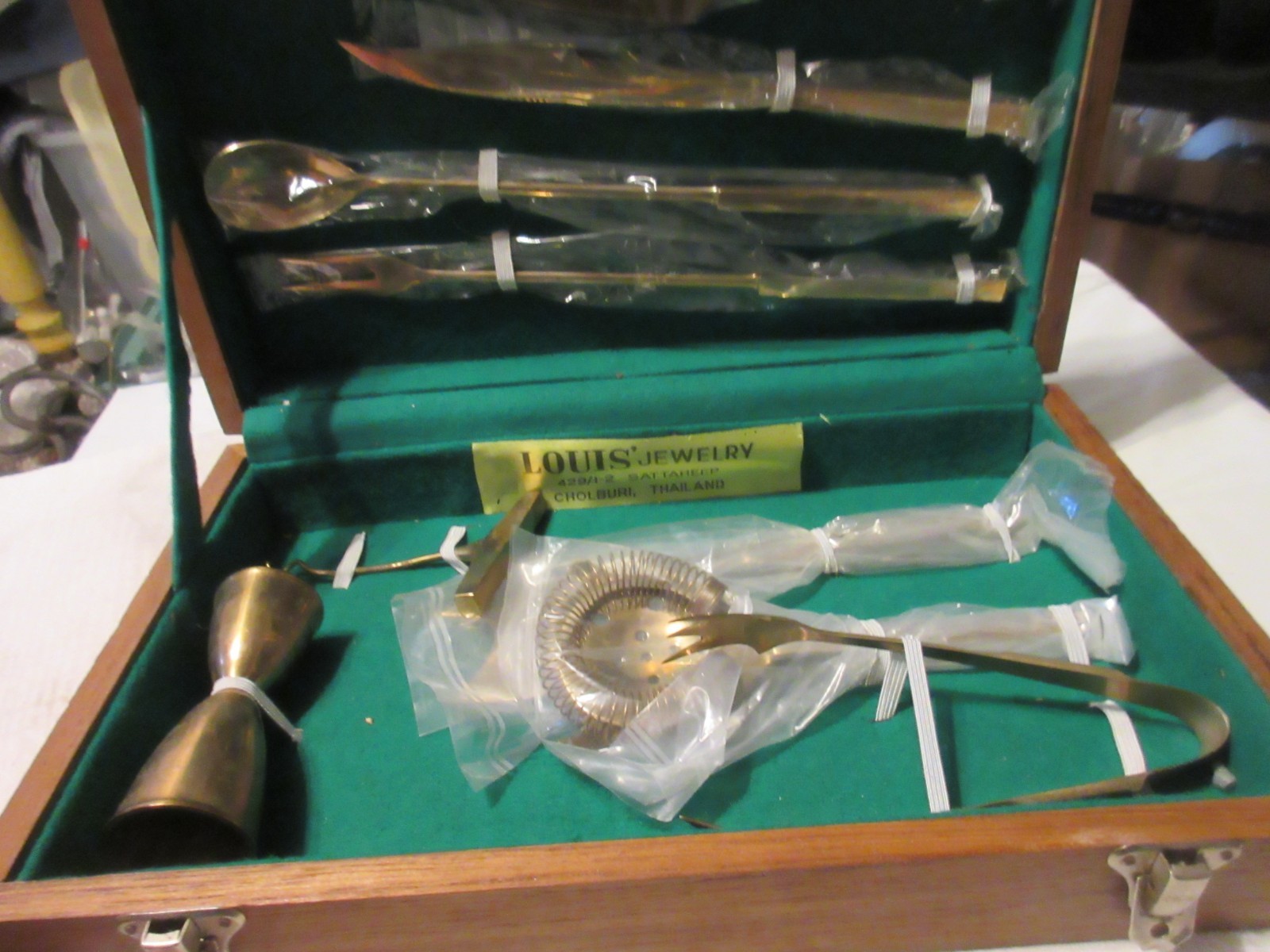 Vintage Cocktail Tool Kit Bar Set Teak Case Bronzeware 9 pc Thailand Nice