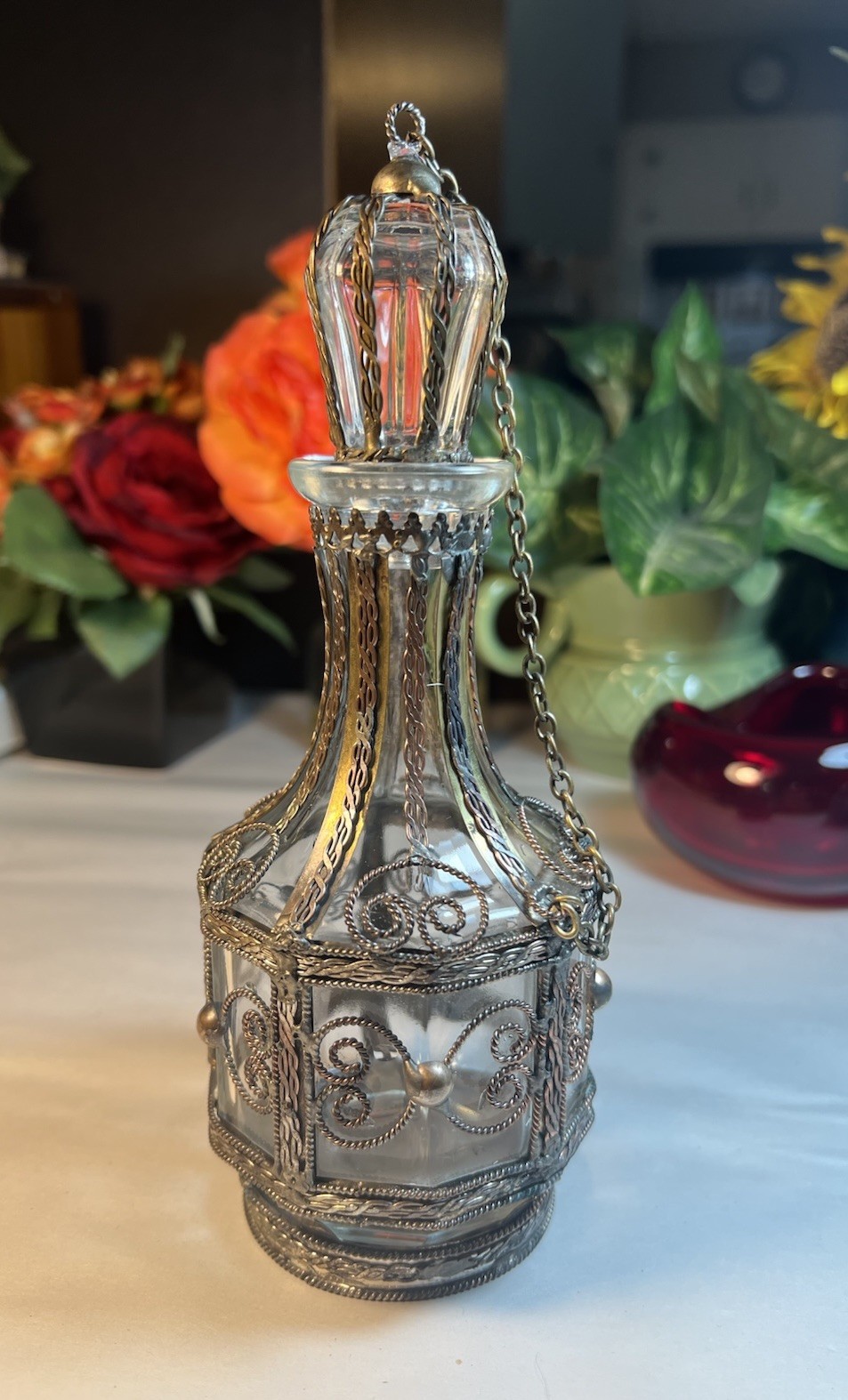 VTG GLASS BOTTLE SILVER PLATED, BRASS, COPPER OVERLAY BOTTLE 1900's UNIQUE