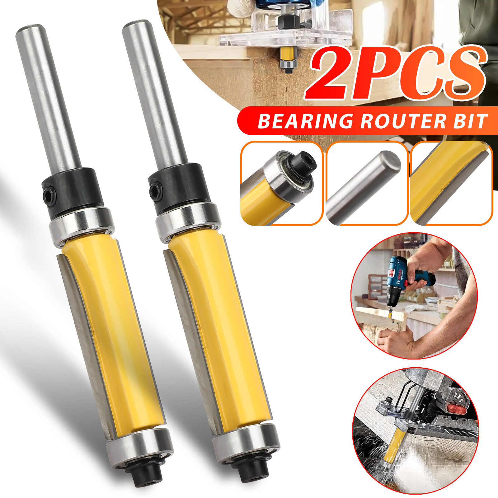 2Pcs 1-1/2" 1/4" Shank Flush Trim Top Bottom Bearing Router Bit Woodworking Tool