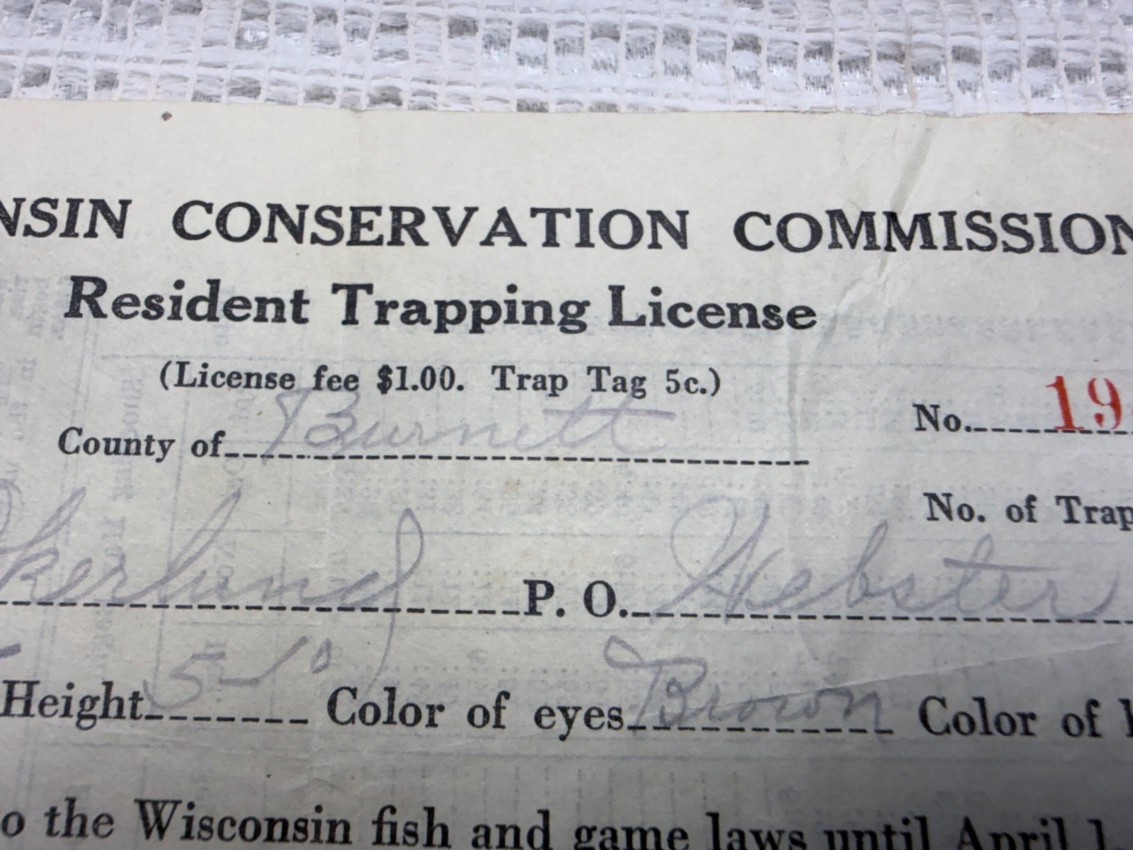 VTG 1925-26 Wisconsin Conservation Commission Resident Trapping License Burnett