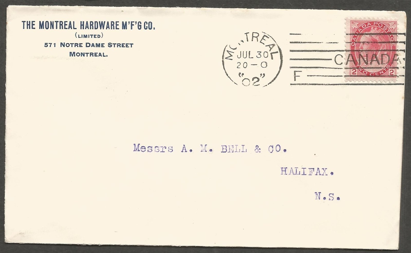 1902 Montreal Hardware Advertising Cover 2d Machine F Cancel to Halifax CDS