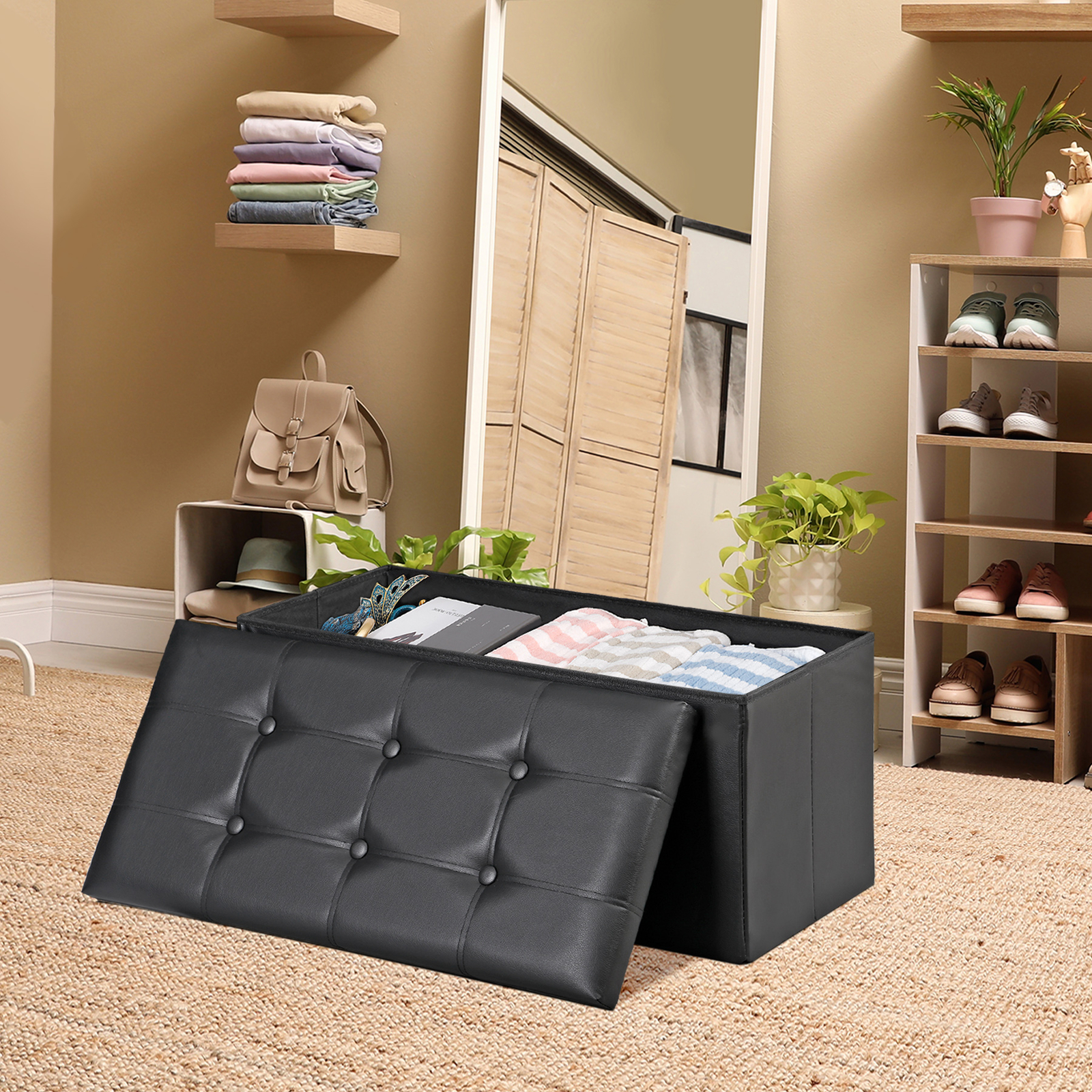 30 inches Folding Storage Ottoman 80L Storage Bench for Bedroom Hallway Black
