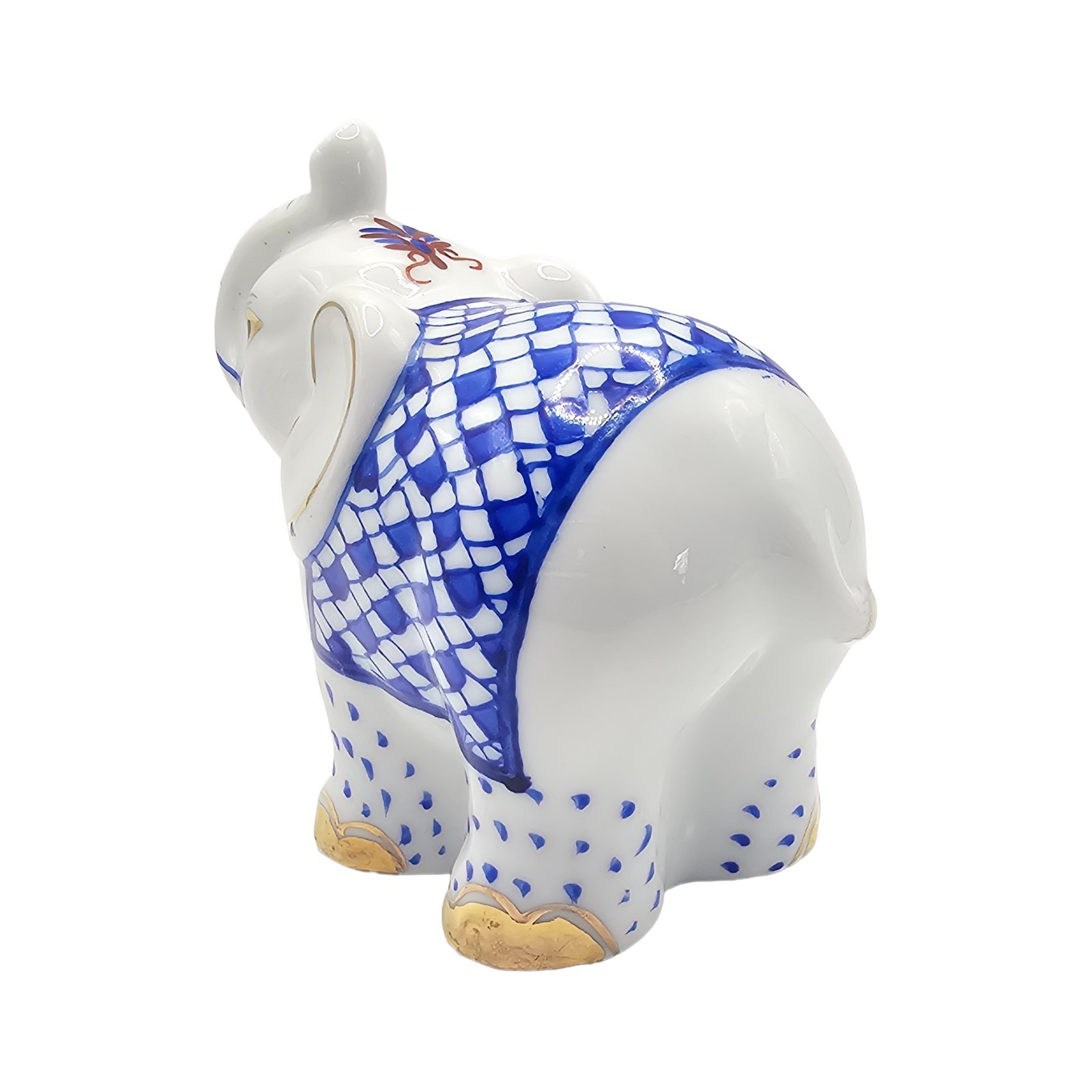 Vintage Blue Fishnet Porcelain Elephant Figurine Gold Accents Trunk Up Lucky 4"