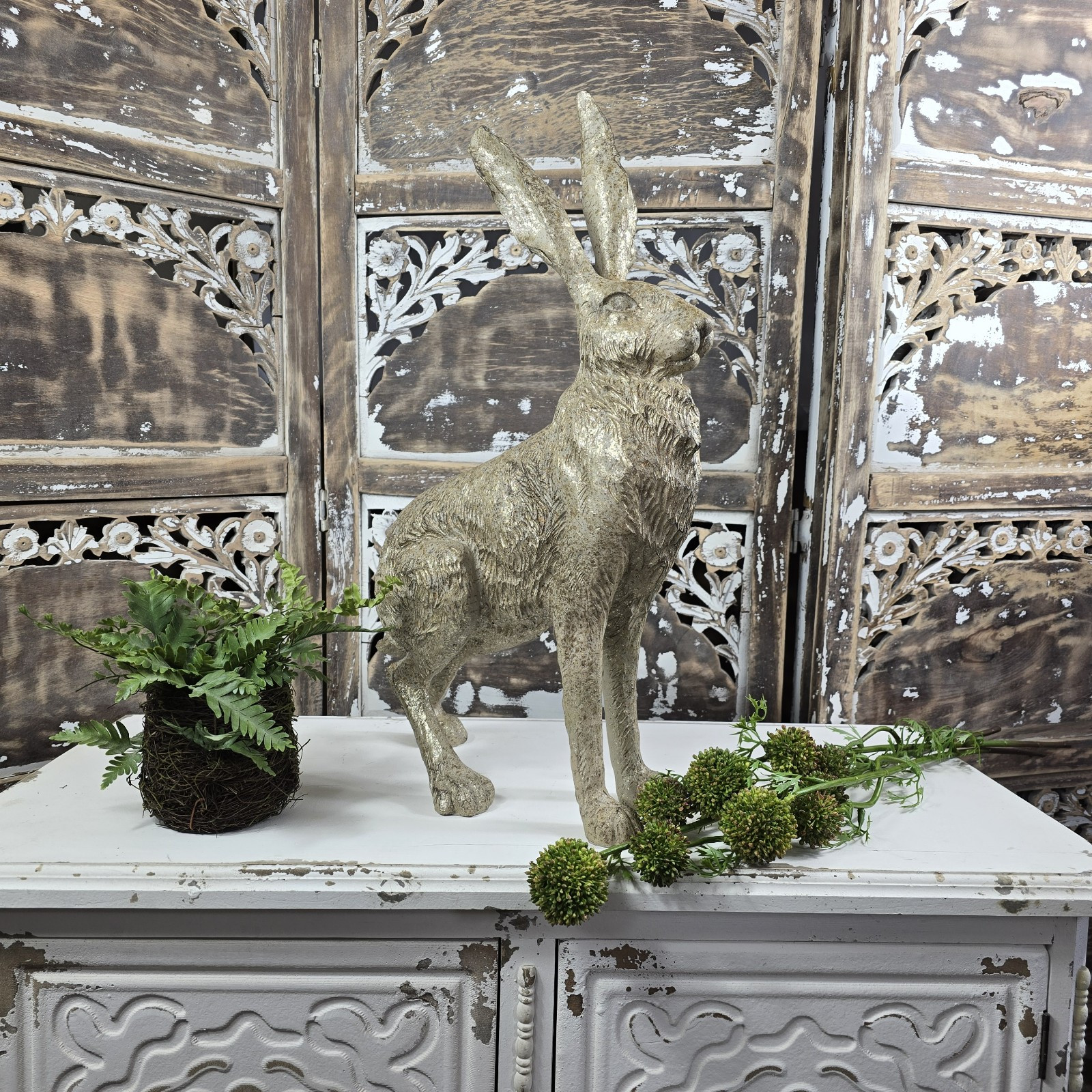 Rustic Weathered Gold Speckle Garden Bunny Rabbit Figurine Statue 21"