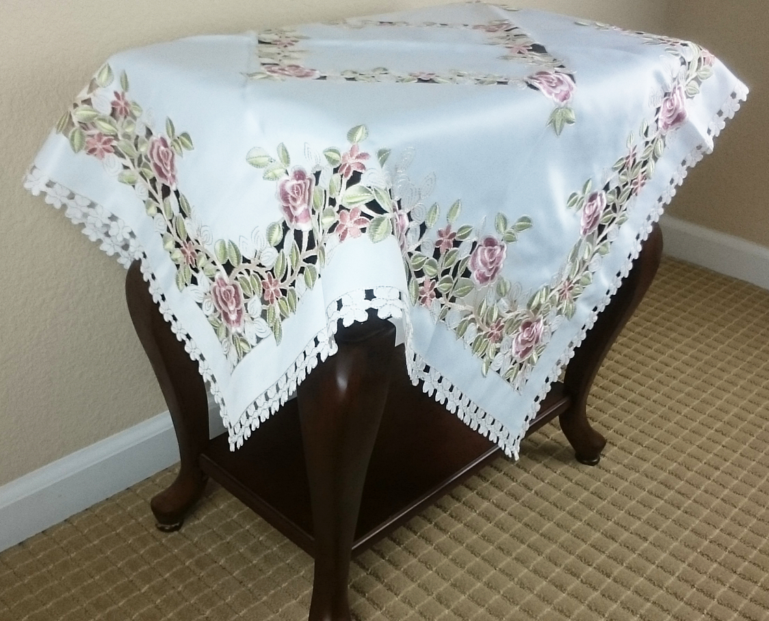 Ivory Cream Embroidered Rose Cutwork 33" Square Polyester Tablecloth Table Cover