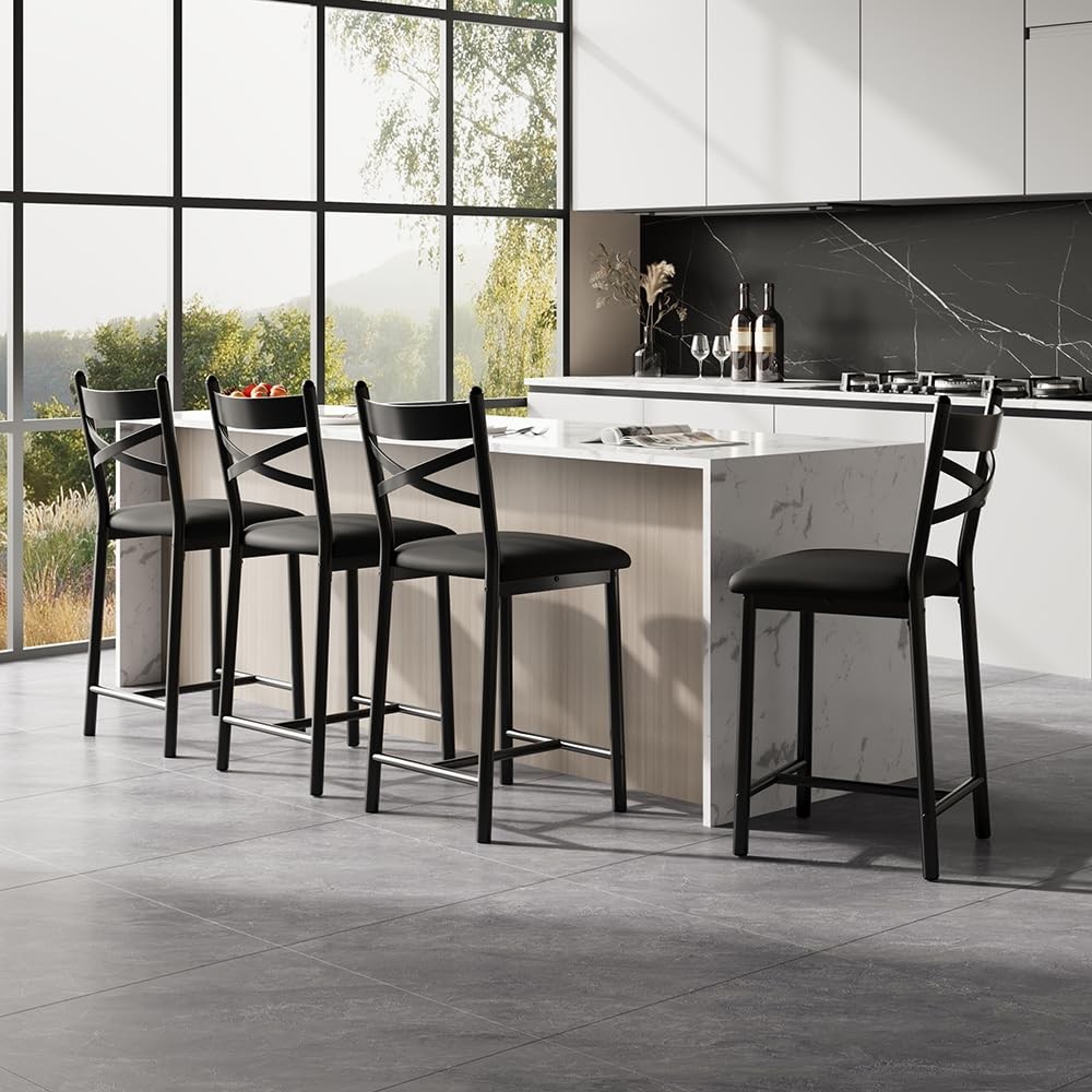 Set of 4 Counter Height Stools with Metal Frame Ergonomic Pu Leather Bar Stools