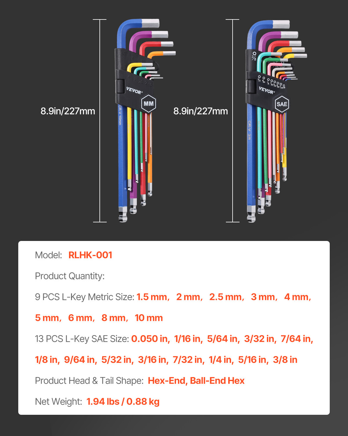 Hex Key Allen Wrench Set 22pcs SAE and Metric Long Arm Ball End Key Set
