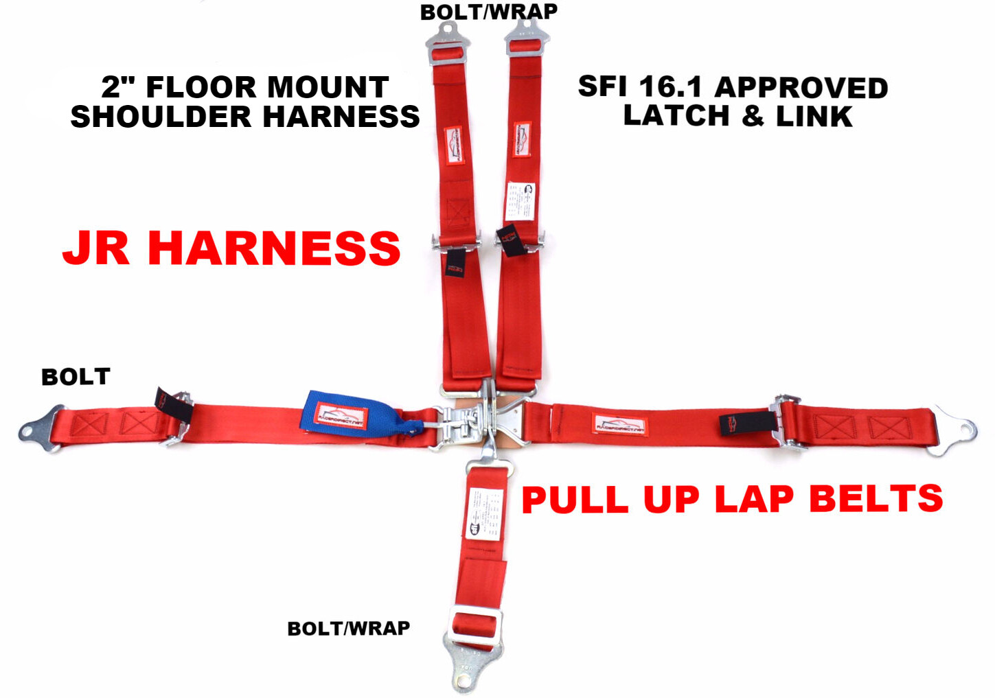 JR DRAGSTER HARNESS SFI 16.1 5 POINT LATCH & LINK FLOOR MOUNT BELT FLAME RED