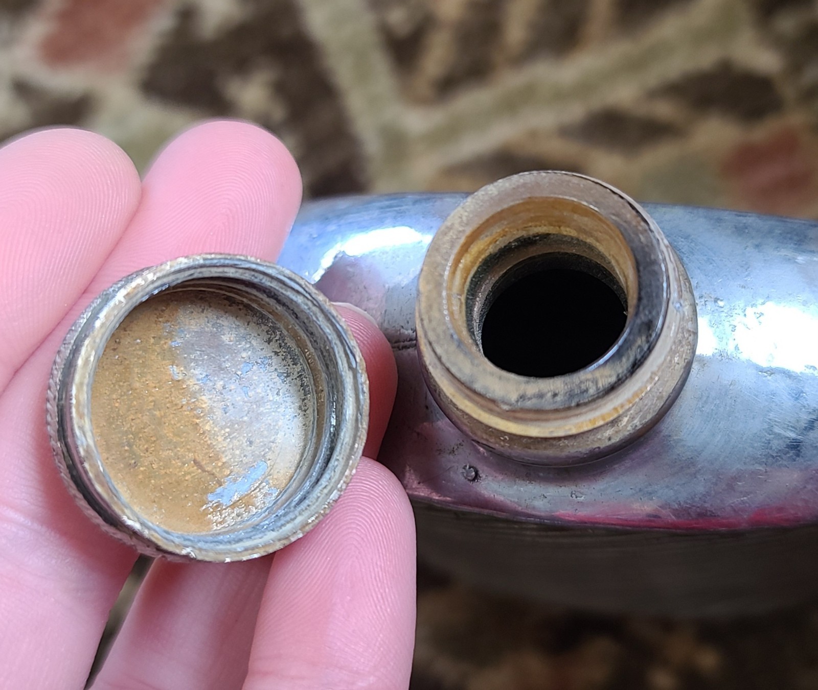 Antique Silver & Copper Plated Glass Ribbed Hip Flask 5-3/8" Tall Vintage