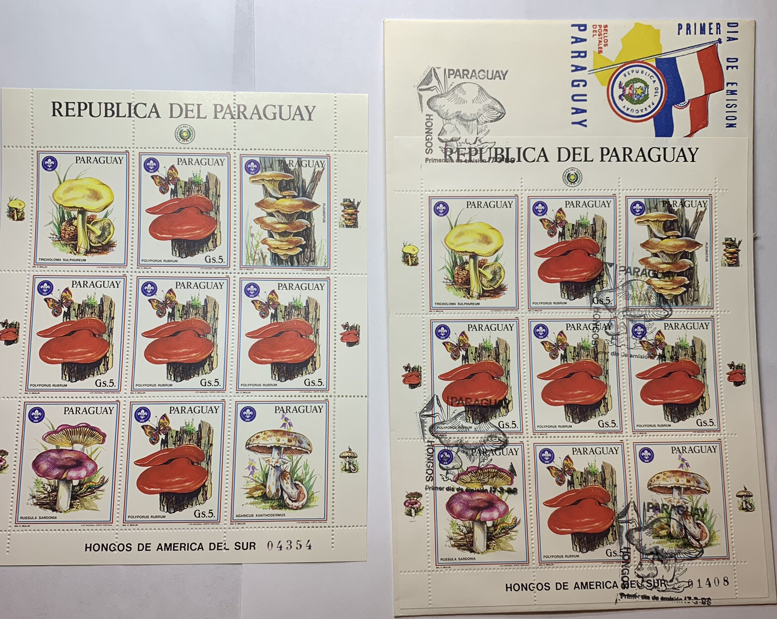 RARE 1986 PARAGUAY FDC COVER MUSHROOMS WITH CANCELED AND MINT NUMBERED SHEETS