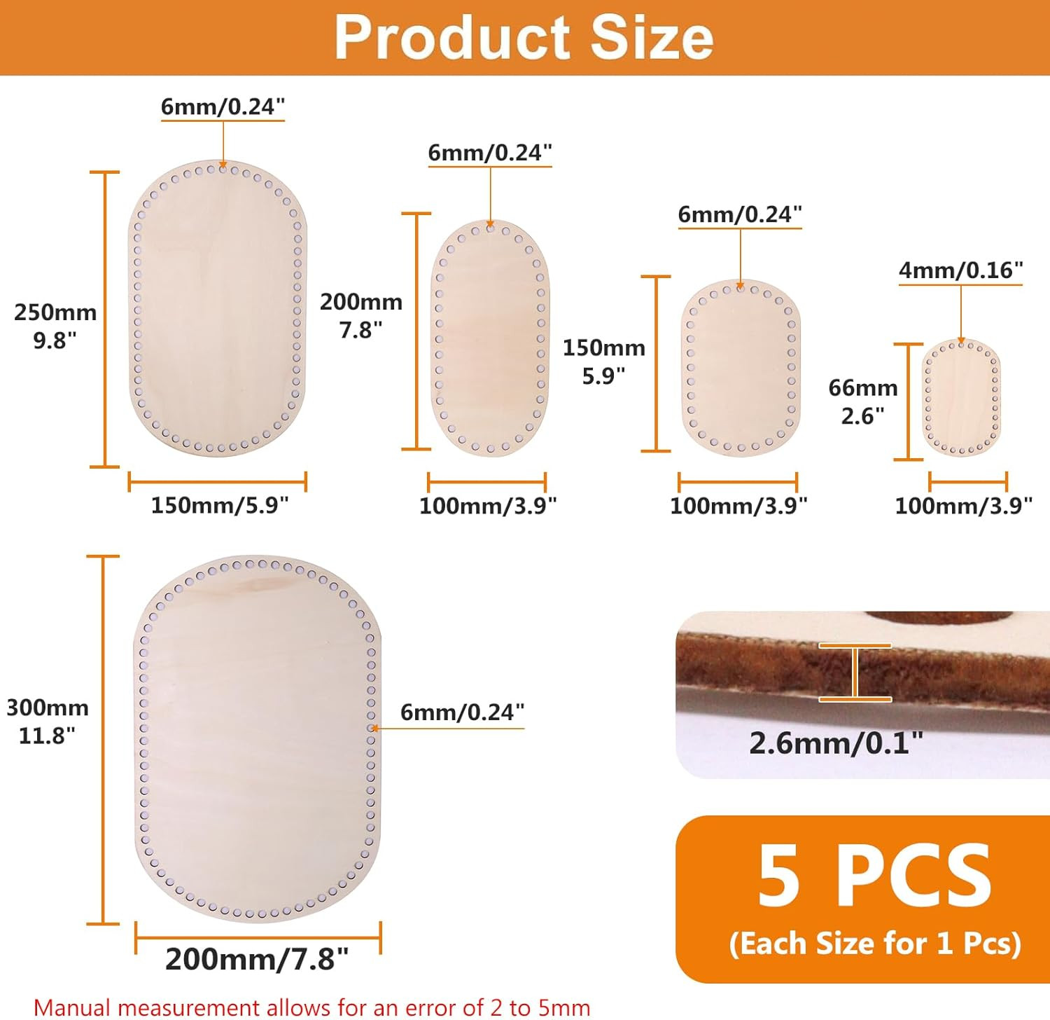 Wooden Basket Bottoms Set for Crochet, Unfinished Oval Bases, 5 Sizes