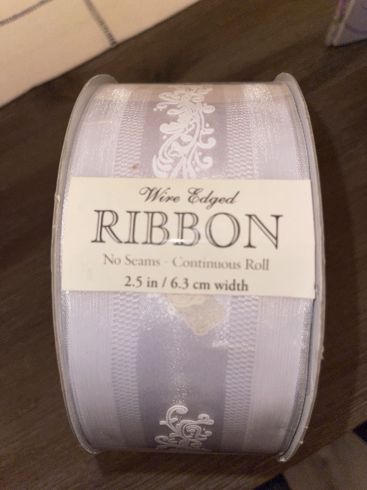 Kirkland Wire-Edged White Bridal Ribbon 2.5" Baroque Filigree Sheer Satin 50 YD