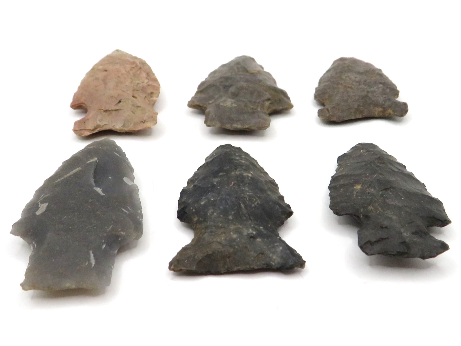 6pc LOT of NOTCHED INDIAN ARROWHEAD - AUTHENTIC w GREAT COLORS**
