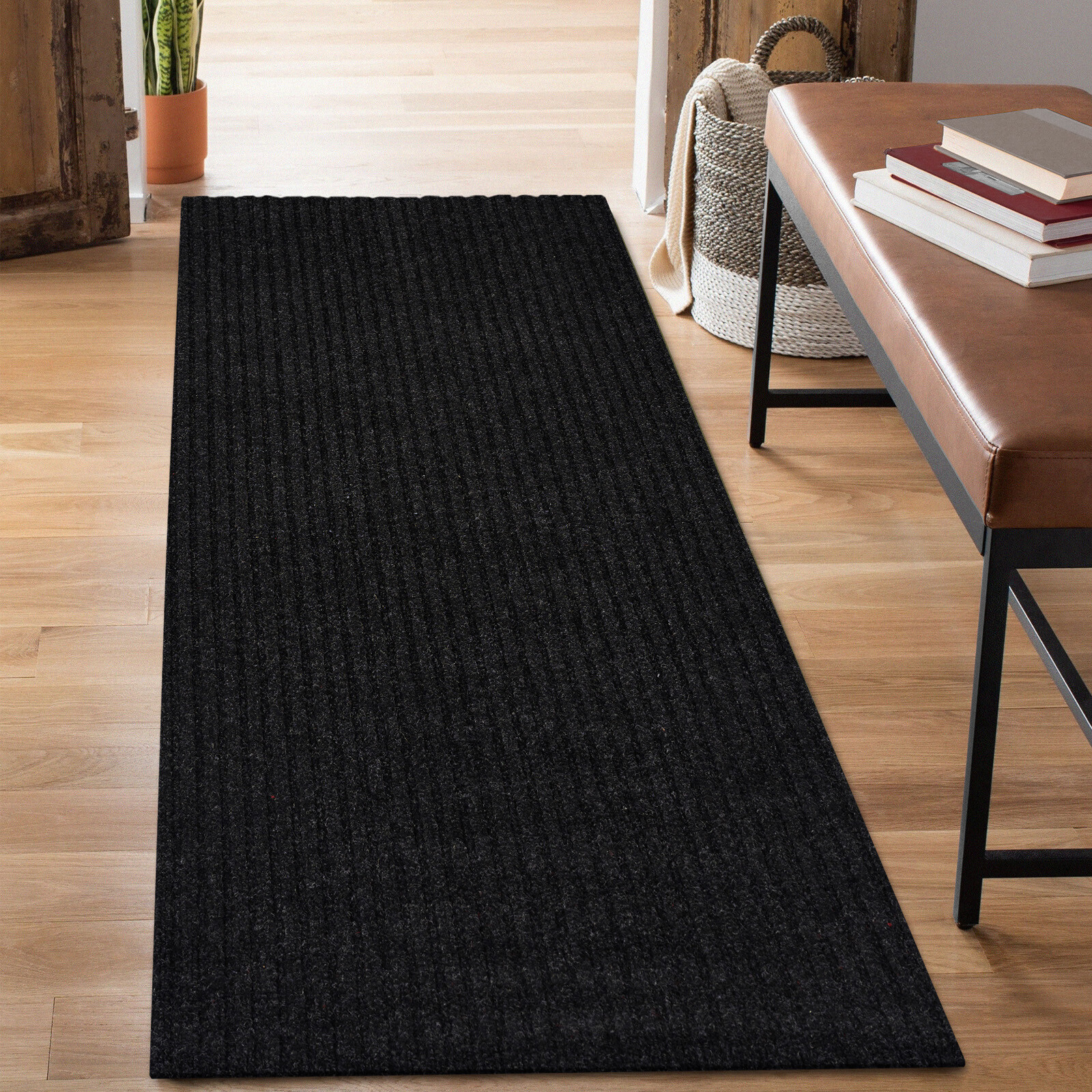 Runner Rug Hallway Non Slip Rubber Back Stripe Black Carpet Doormat Throw Rug