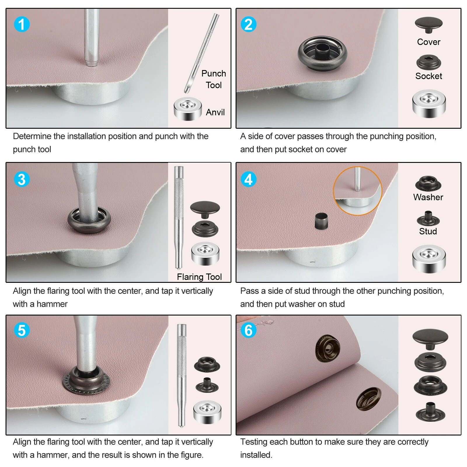 Heavy Duty Snap Fastener Button Kit 70 Set 15mm 5/8" Stainless Steel for Leather