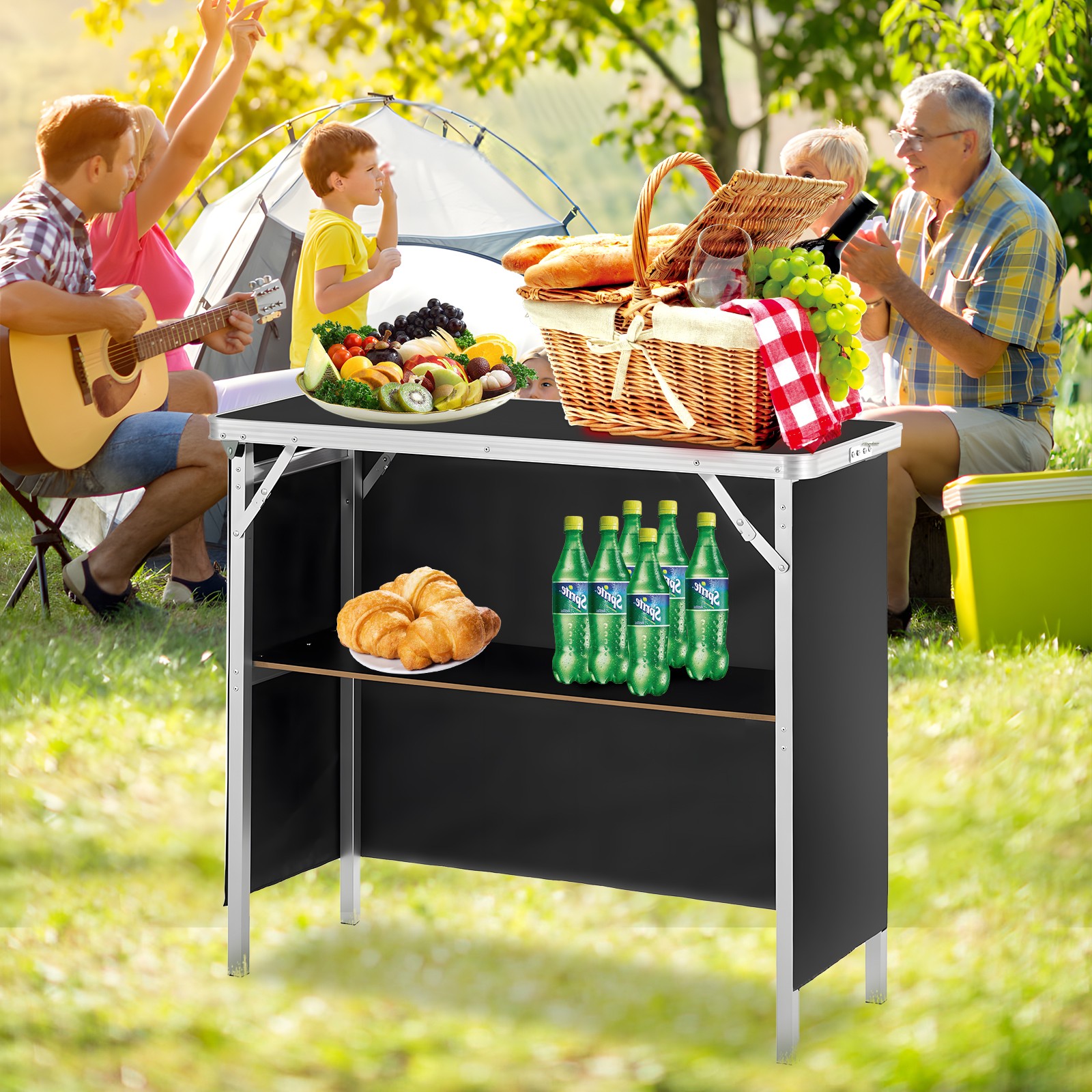 Portable Folding Bar 38.5" with Storage Shelves, Removable Skirt & Carry Case