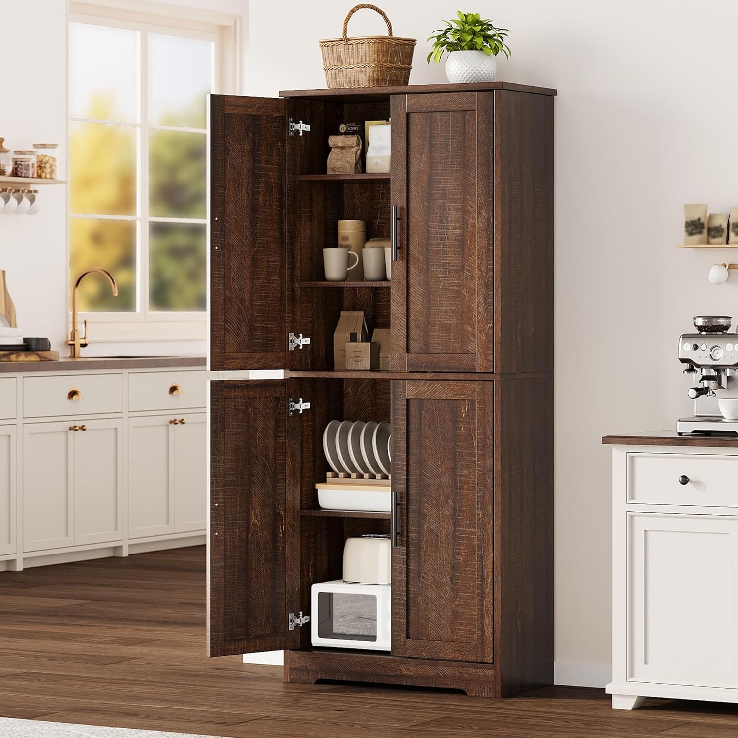70" Kitchen Pantry Cabinet w 4 Doors, Freestanding Storage w Adjustable Shelves