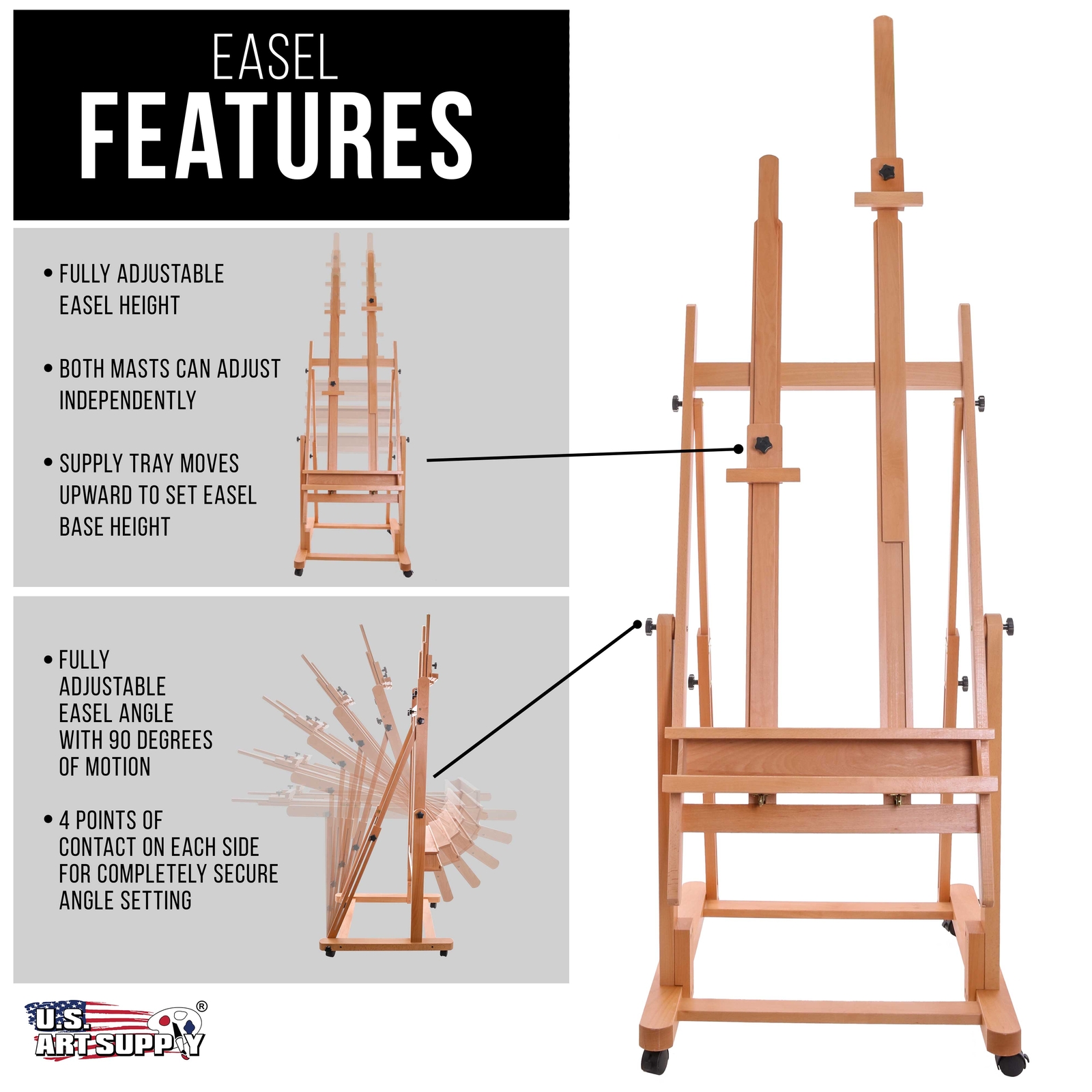 U.S. Art Supply Double Mast Adjustable Wooden H-Frame Studio Easel, Paint Tray
