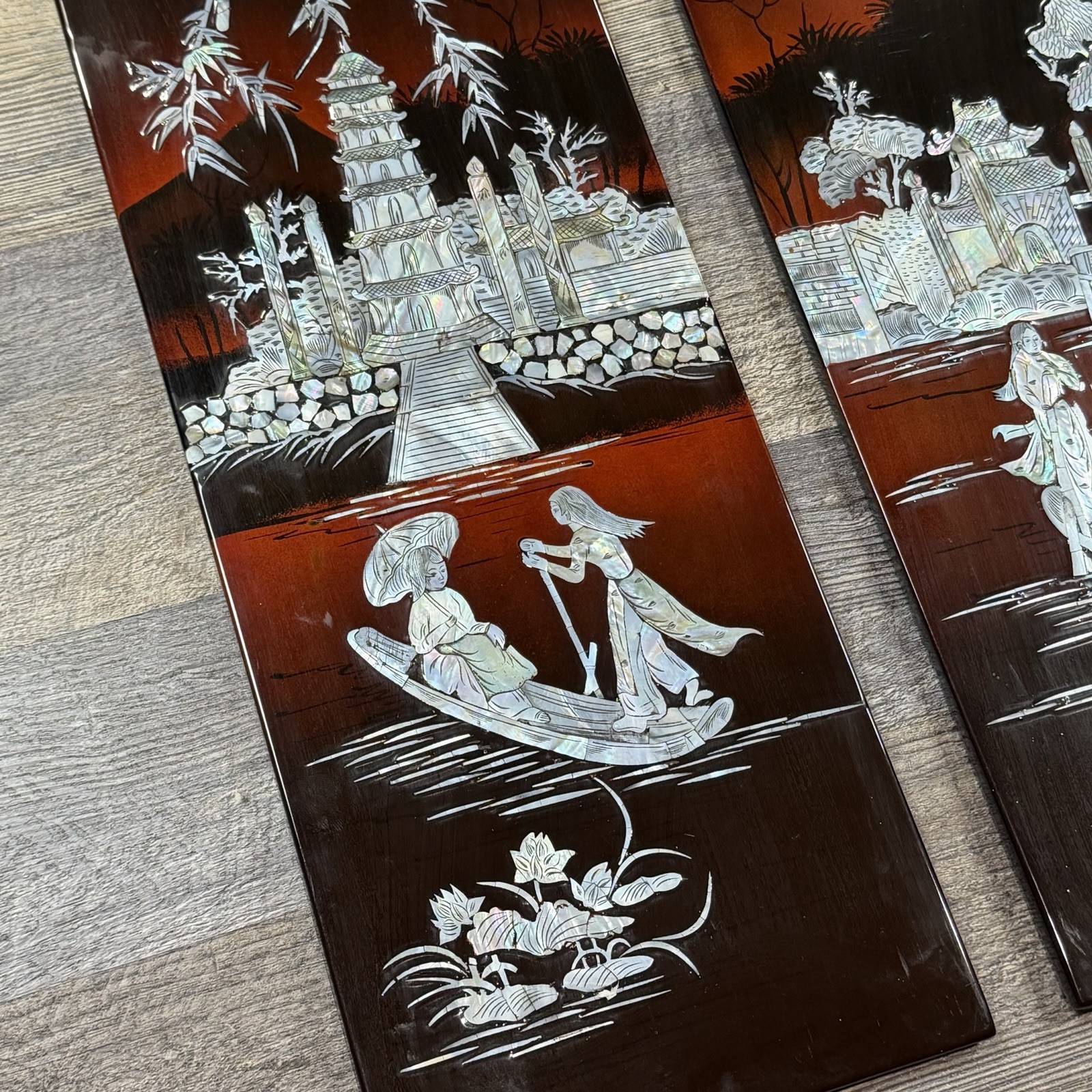 3 Vintage Asian Mother of Pearl Inlay Red Lacquer Wall Panels Village Landscape