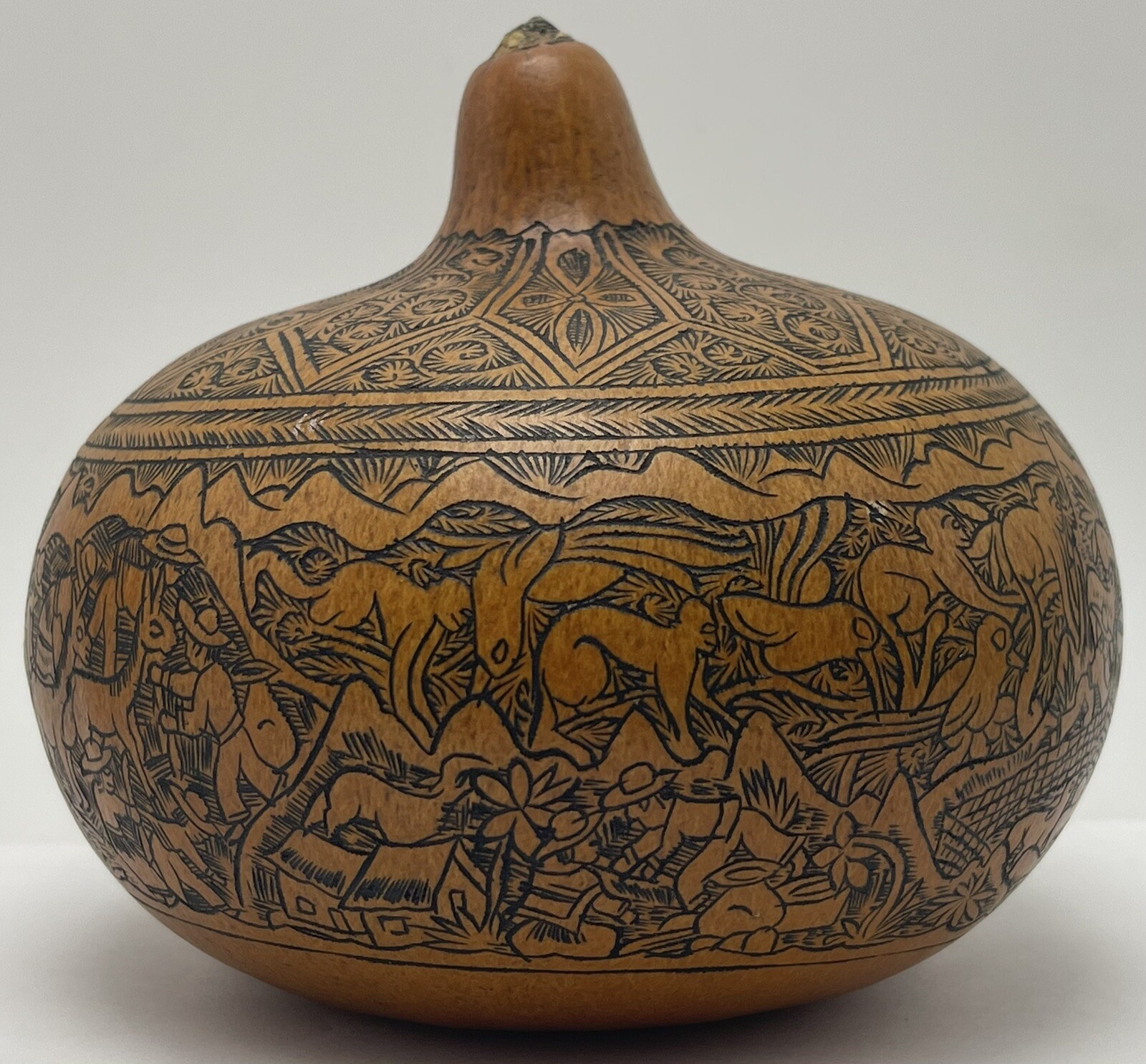 Vintage Peruvian Story Telling Gourd Finely Detailed Hand Carved Rattle