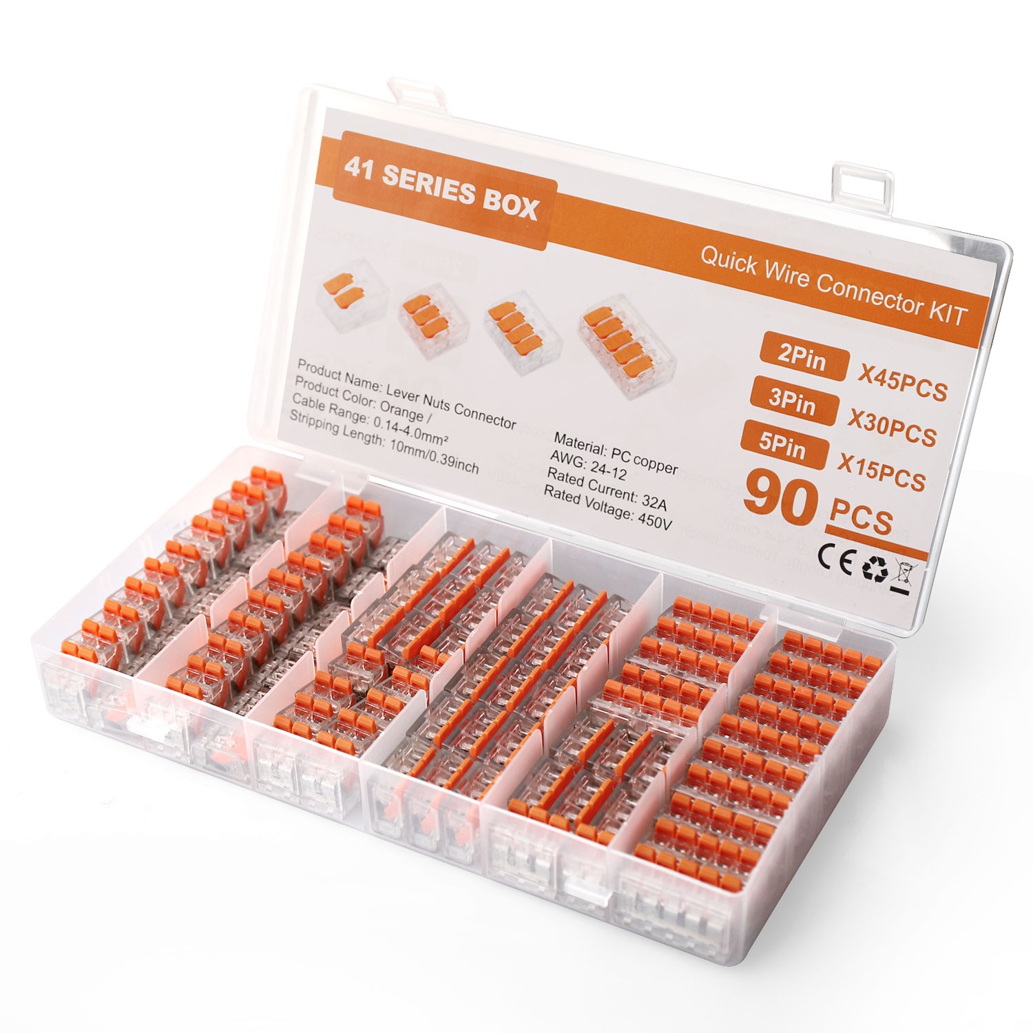 90Pcs For Wago 221 Lever Nuts Compact Splicing Wire Connectors - 2/3/5 Terminal