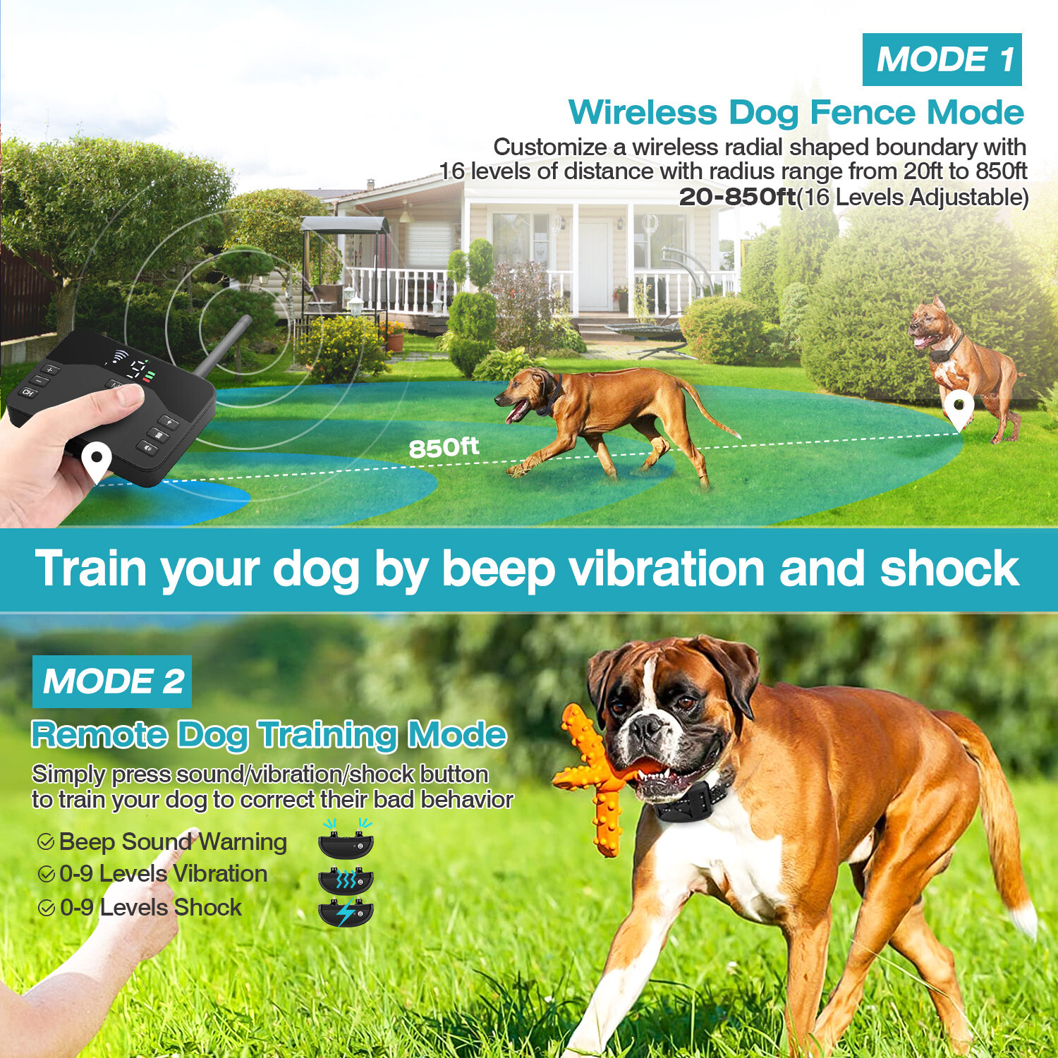 Electric Fence for Dogs 2 in 1 Wireless Dog Fence Collar Pet Containment System