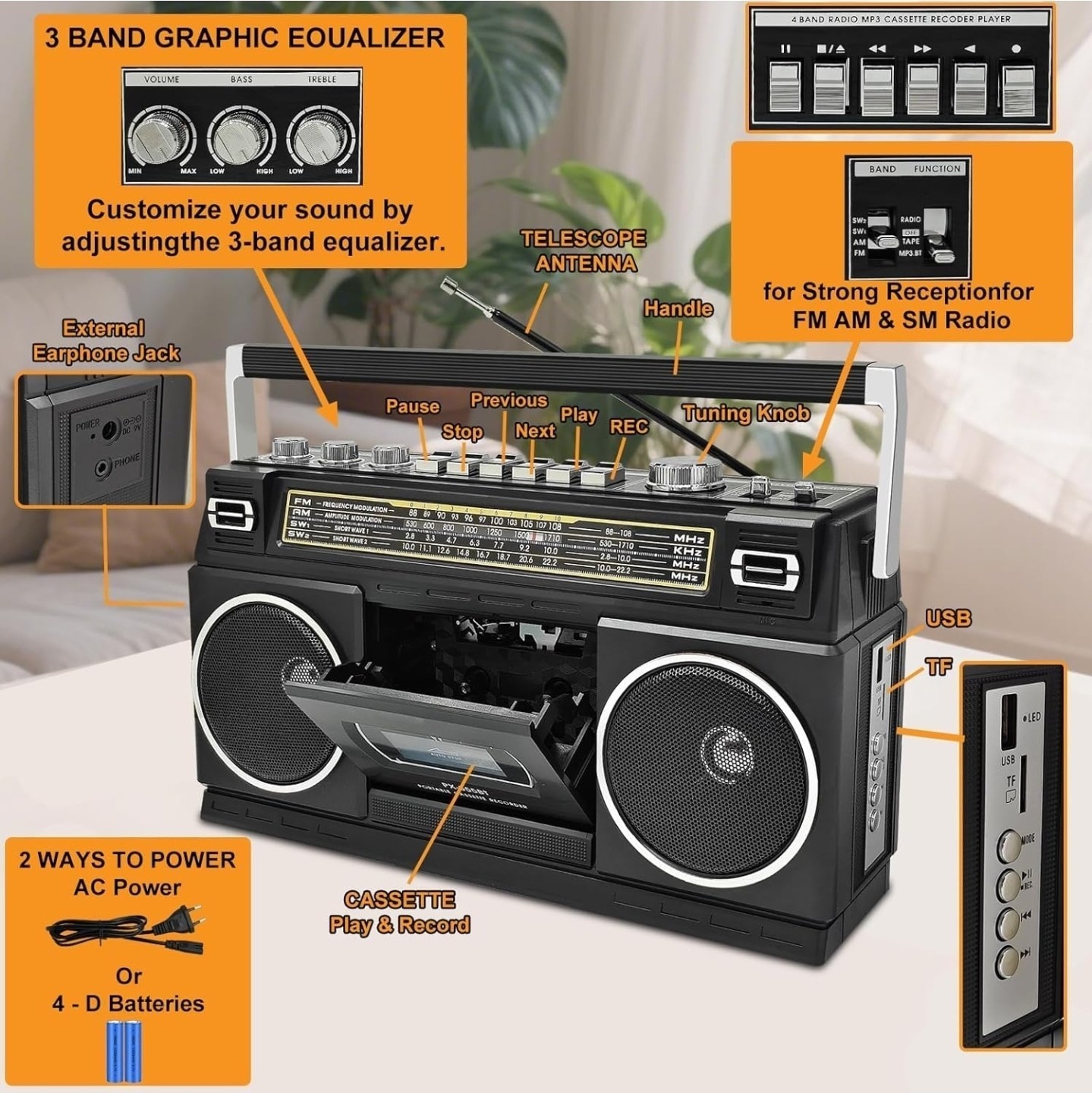 Cassette Player Boombox with Bluetooth, AM/FM/SW Radio & Record to USB, 24W Ster