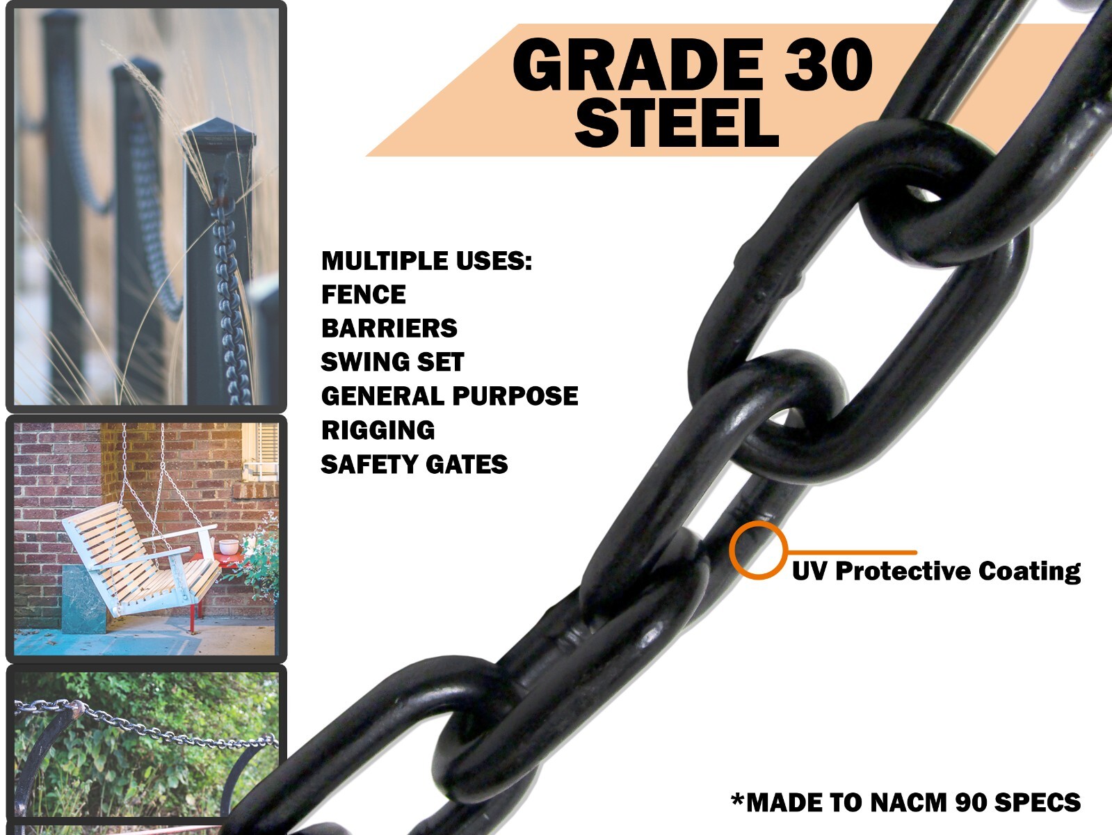 3/16" X 20' GRADE 30 Black Proof Coil Powder Coated Safety Chain Swing Set