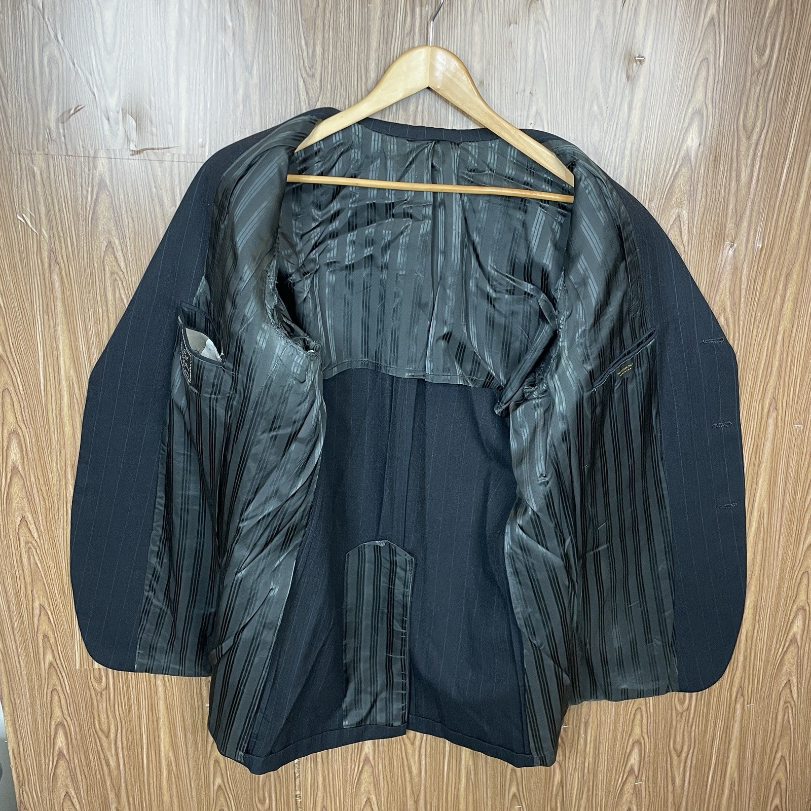 Paul Cicchini Bespoke 2 Piece Suit Mens 46XL 38x33 Black Blue Striped Wool USA