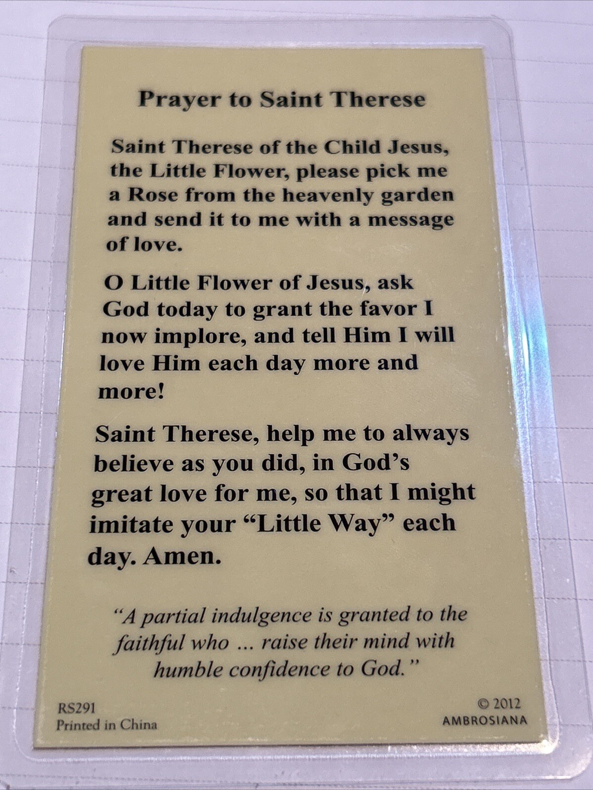 Holy Card “Prayer to Saint Therese” Prayer Card