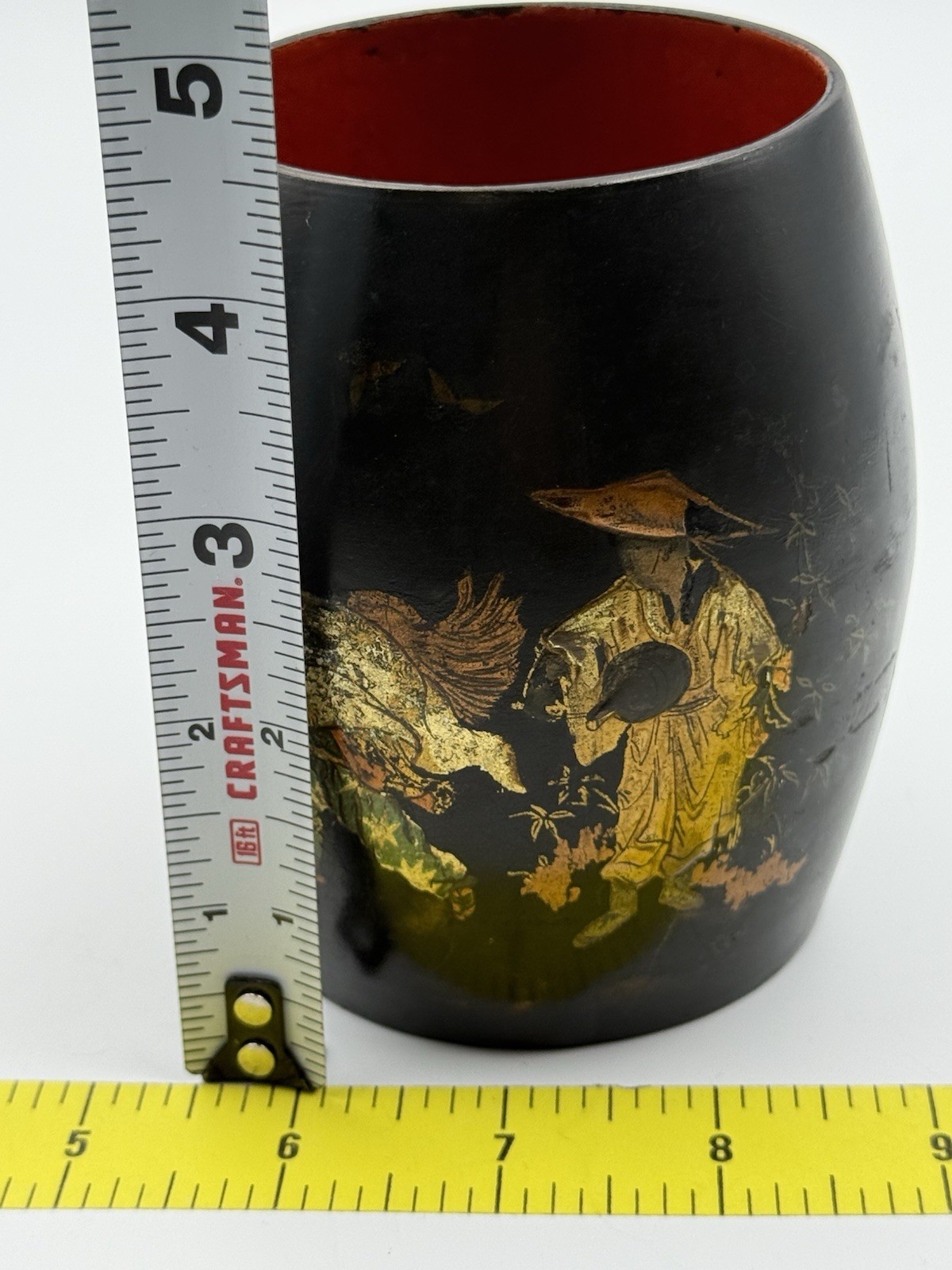 Antique Vietnamese Sơn Mài Lacquer Brush Pot • Múa Lân Lion Dance • Hand Painted