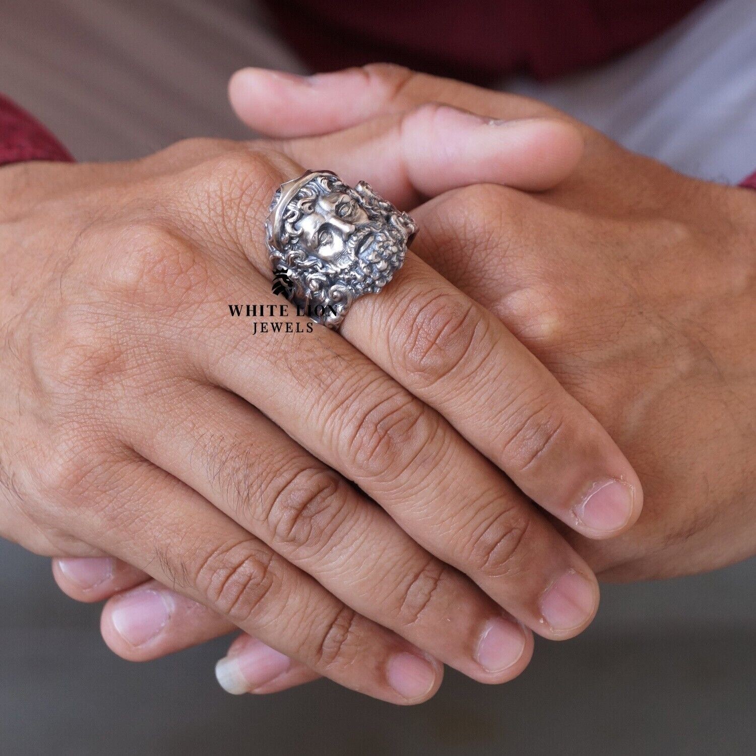 Greek God of Sea Mythology Poseidon Trident Bearded 925 Silver Men Ring