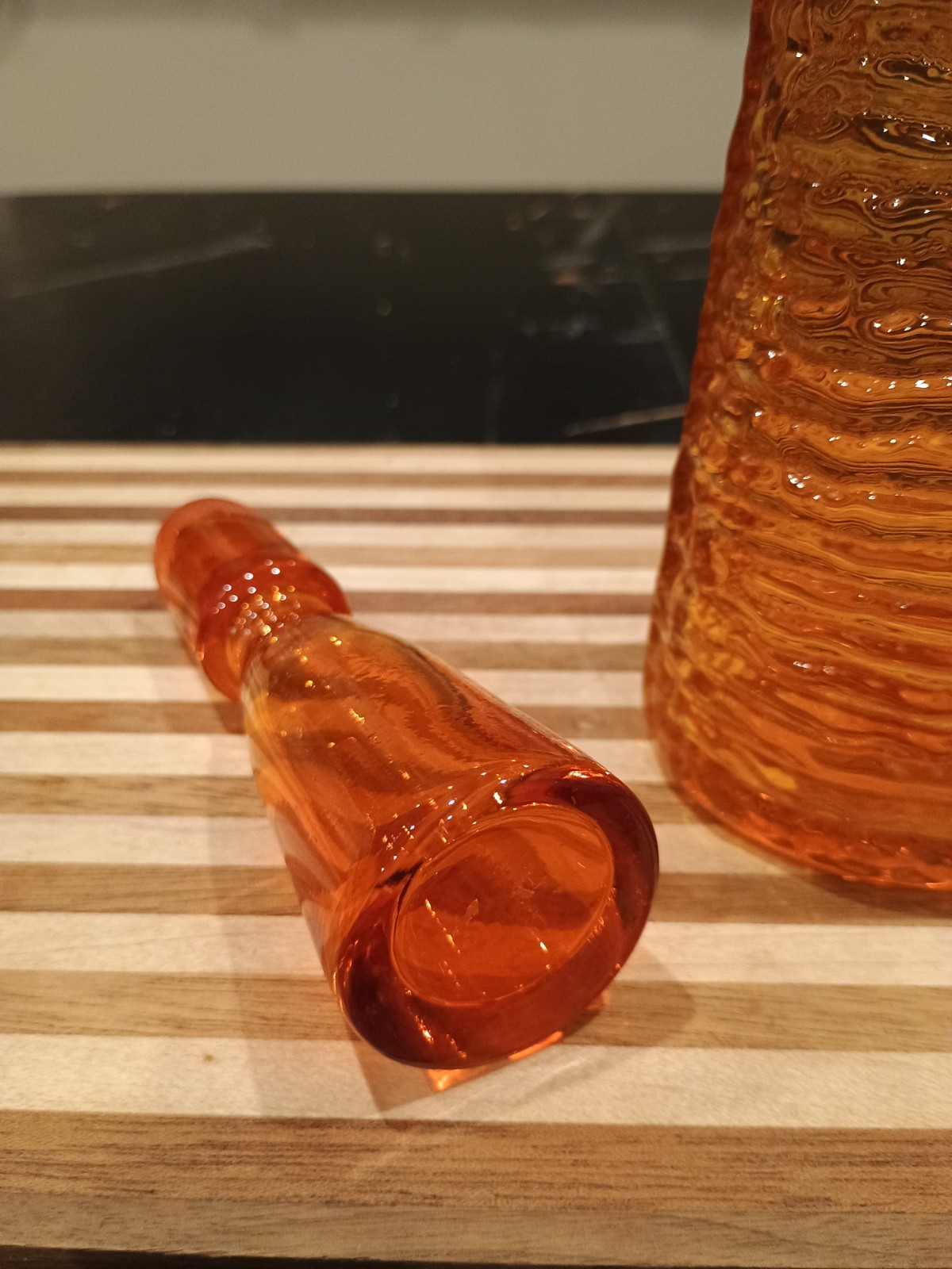 Vintage MCM 11" Rainbow Ribbed Glass Tangerine Orange Decanter With Stopper