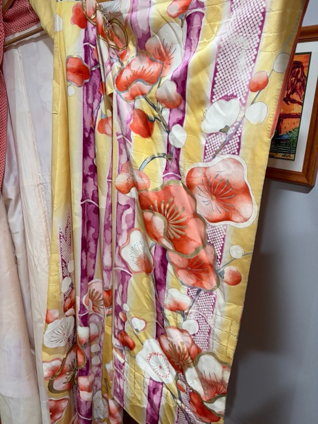 Vintage Mitsukoshi Silk Kimono Yellow Floral Gold Handpainted Long Robe Japan