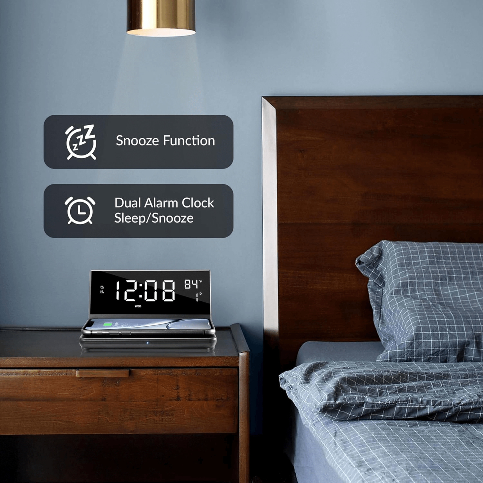 Supersonic Dual Alarm Clock with 2-in-1 Wireless Charger w 4 Brightness Levels